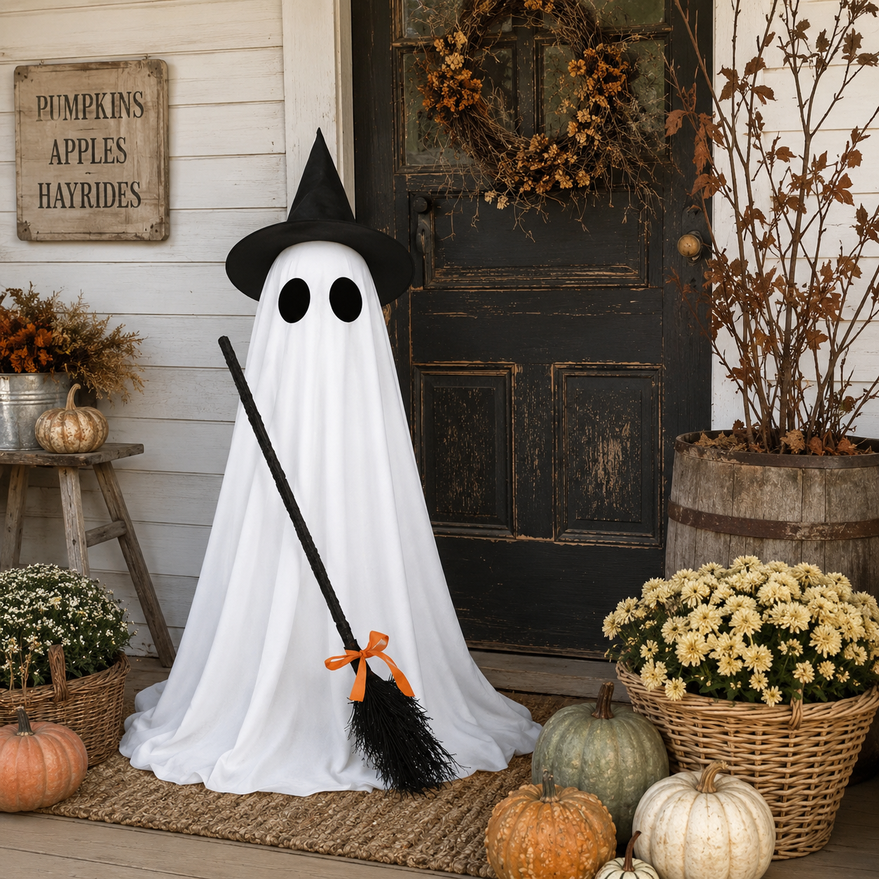 Lighted Halloween Ghost Decoration with Witch Hat and Broom