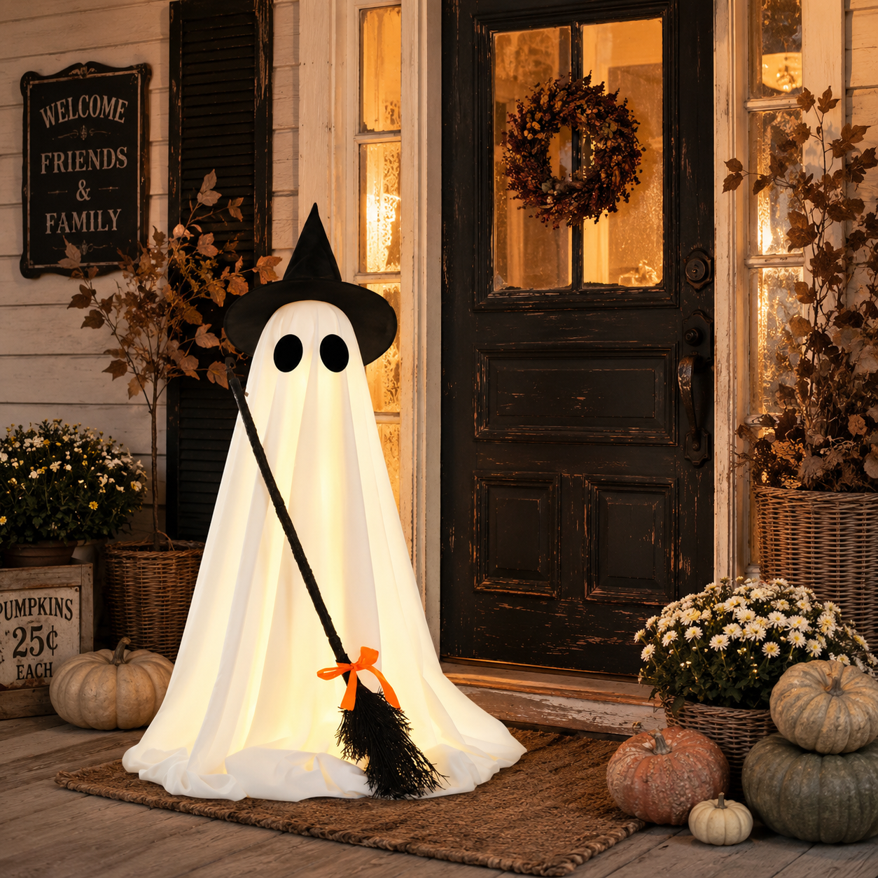 Lighted Halloween Ghost Decoration with Witch Hat and Broom