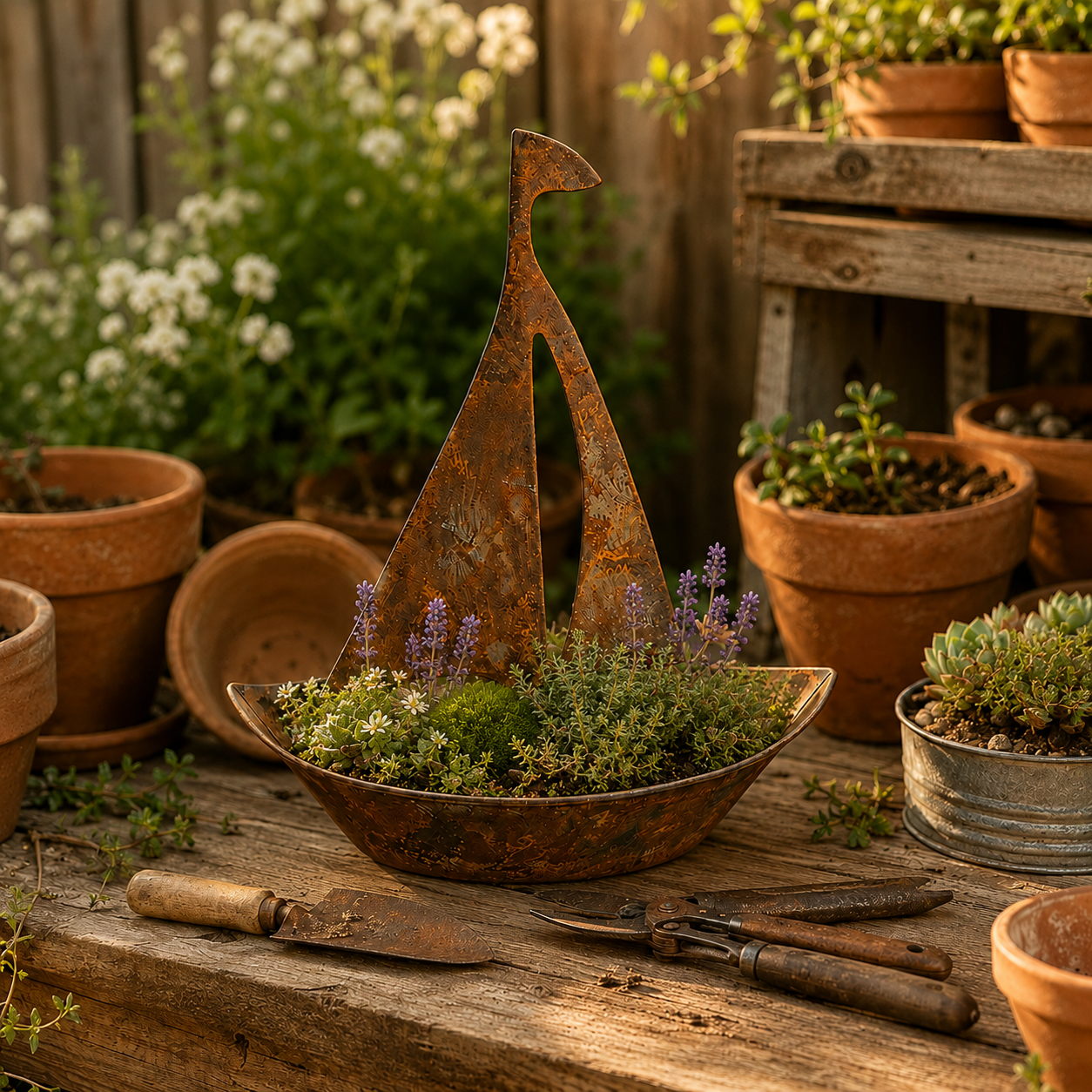 Rustic Metal Sailboat Planter