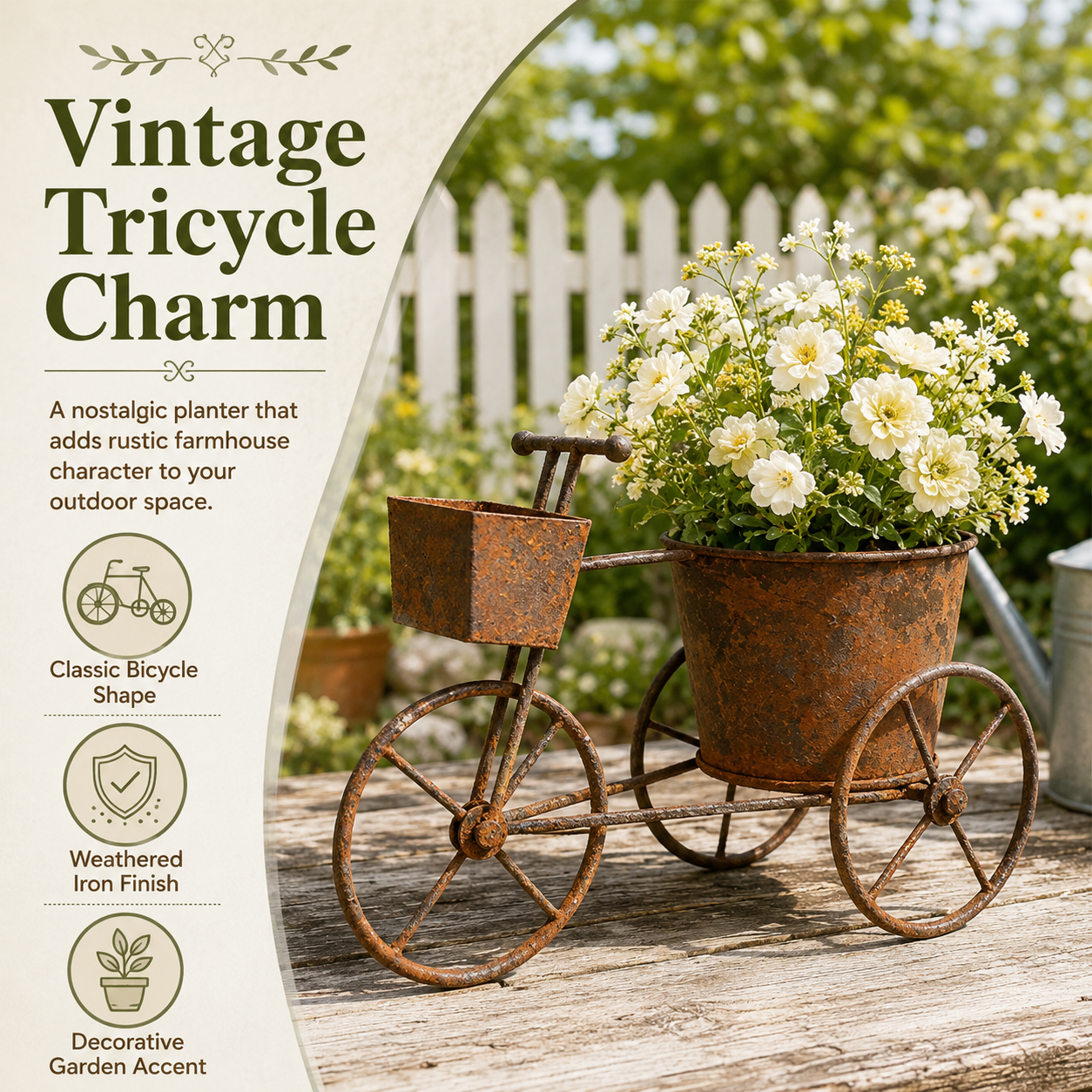 Vintage-style Wrought Iron Tricycle Planter