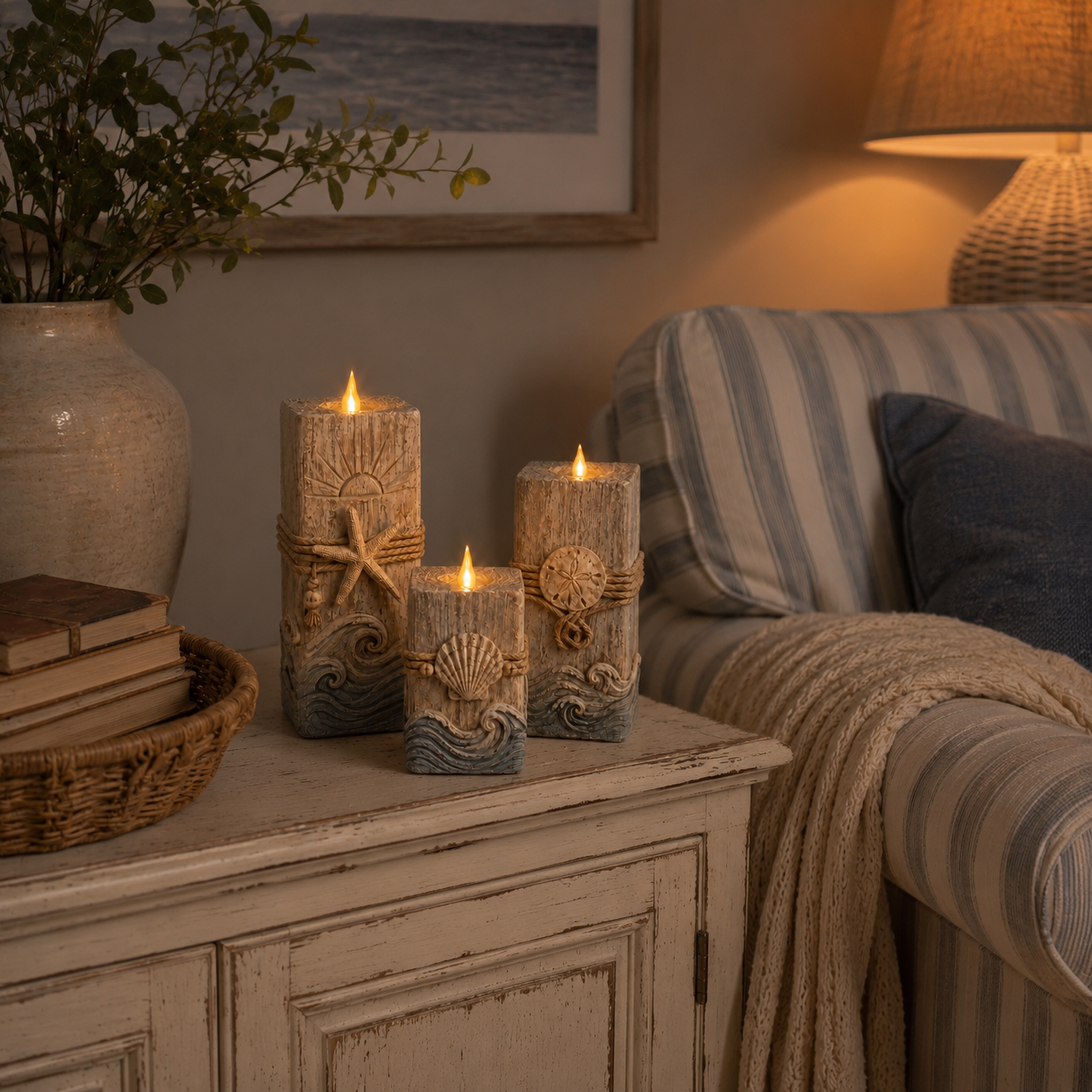 Vintage Wooden Coastal Seashell LED Candle Decor