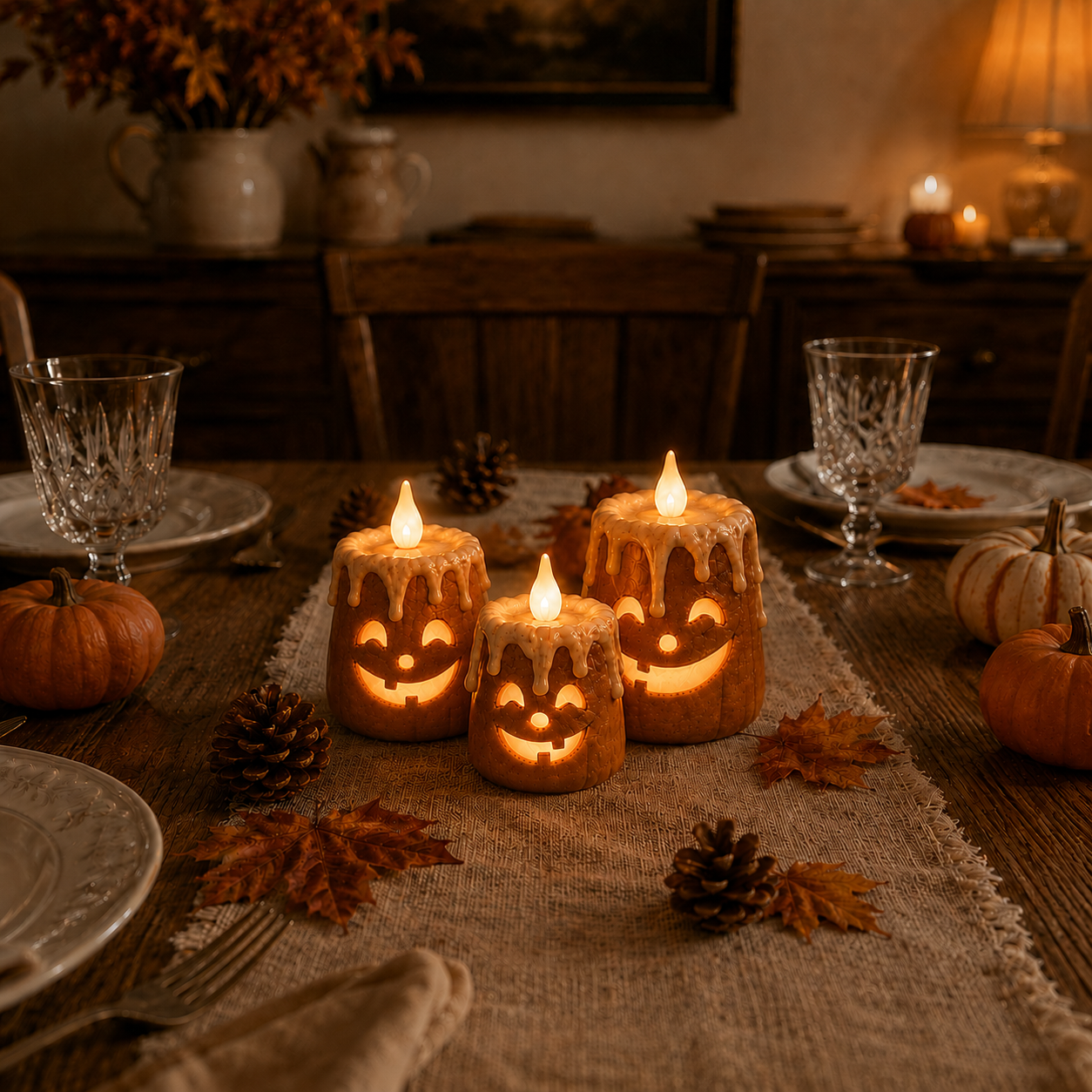 3-Piece Set Cozy Lighted Pumpkin Candles