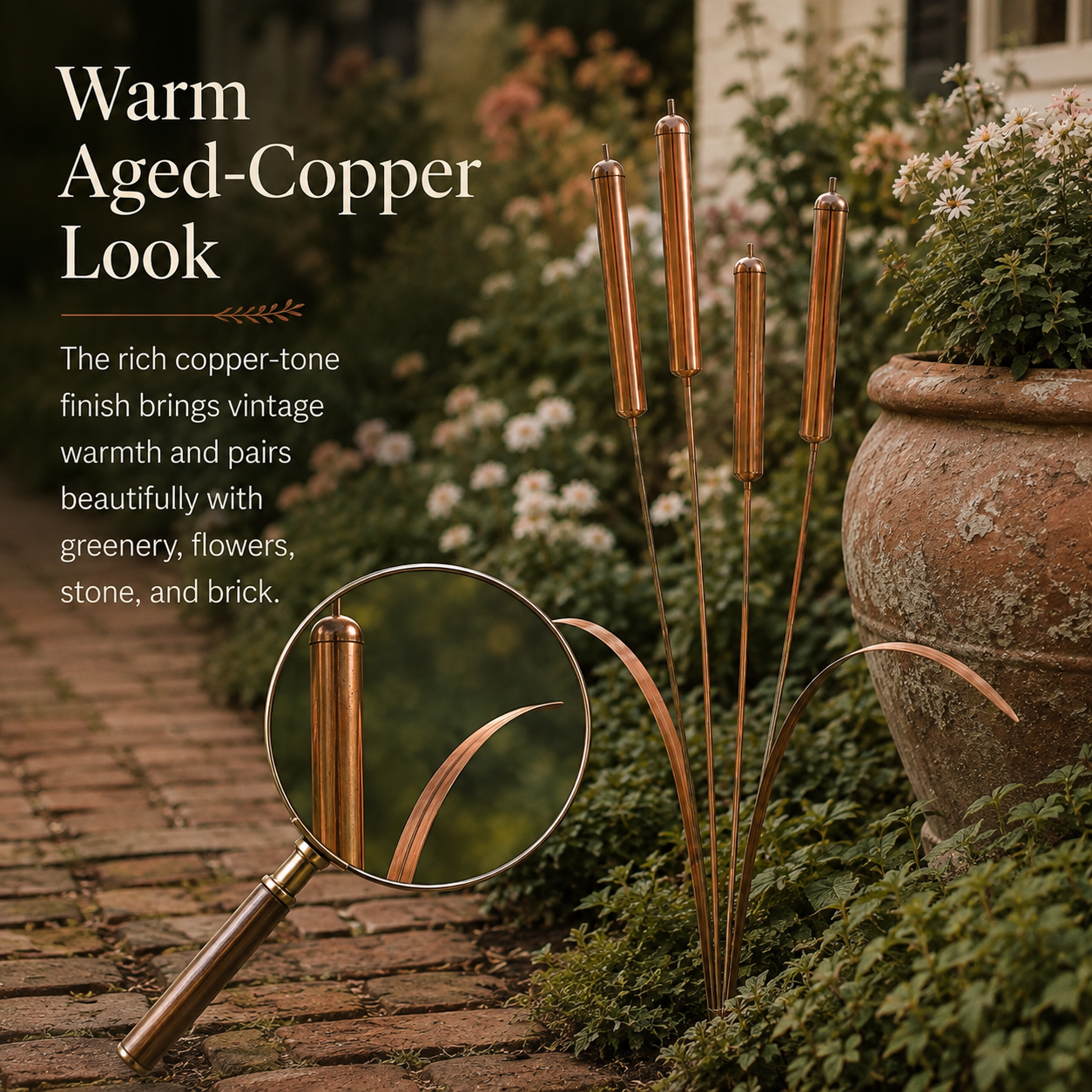 Vintage Copper Cattail Garden Stake