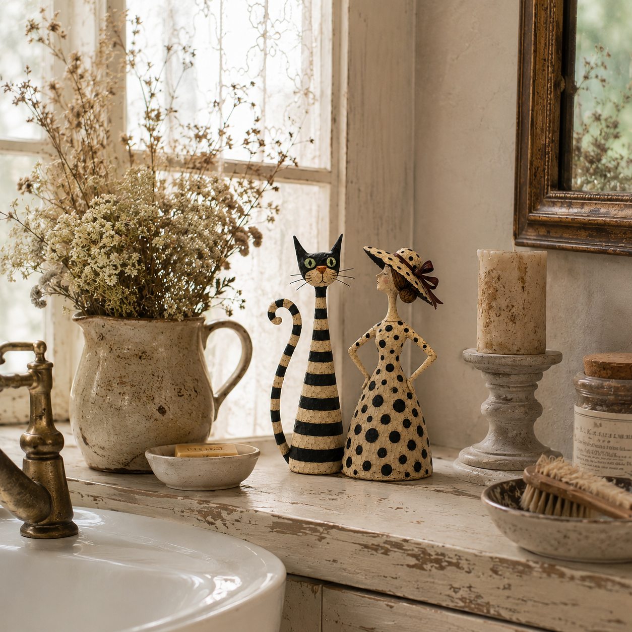 Vintage  Cat & Lady Sculptures