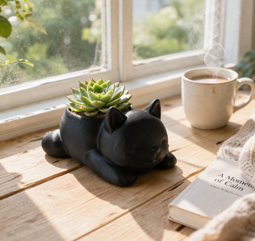 Mini Cat-Shaped Planter Pot with Paw Print