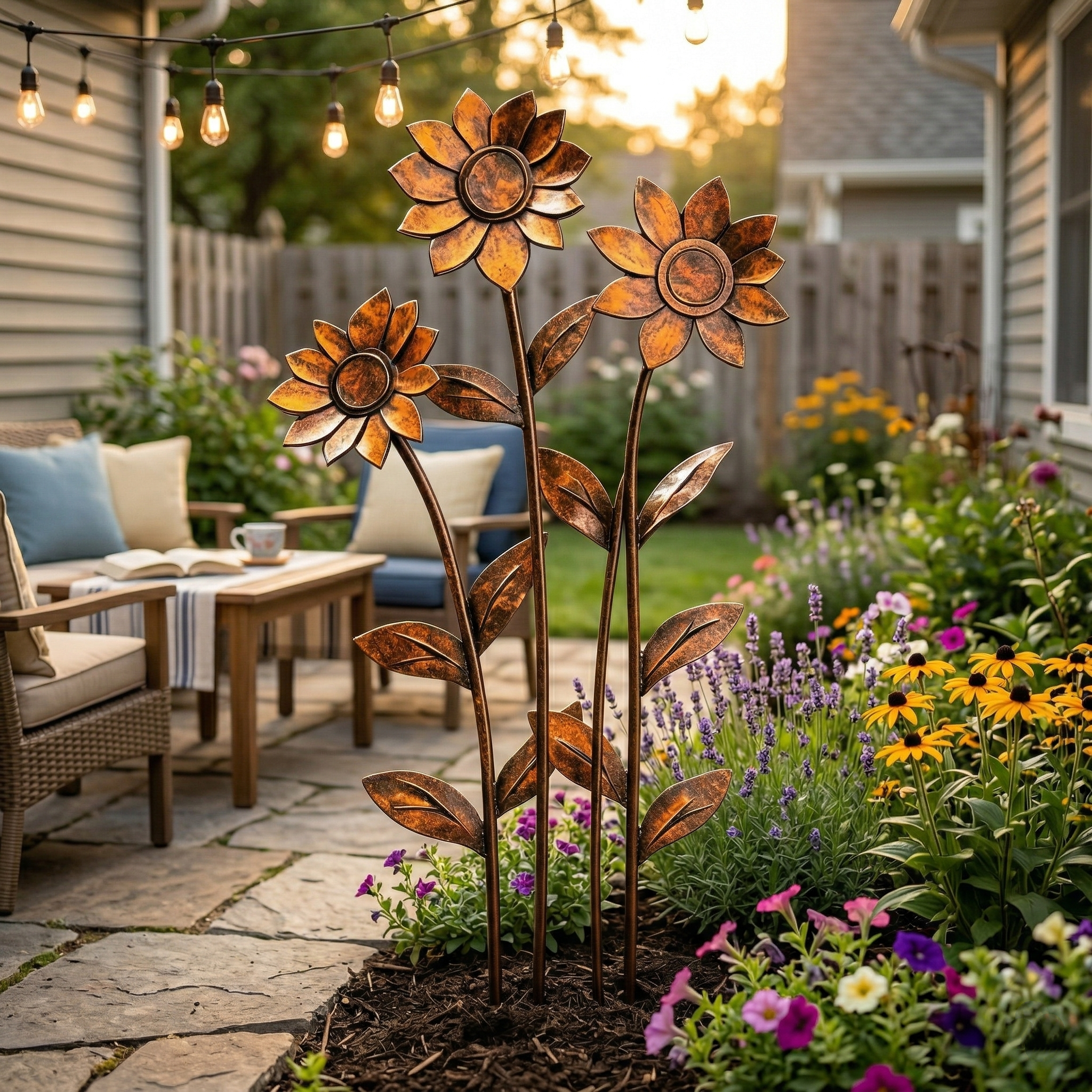 Triple Rustic Sunflower Metal Garden Sculpture – Garden Stake