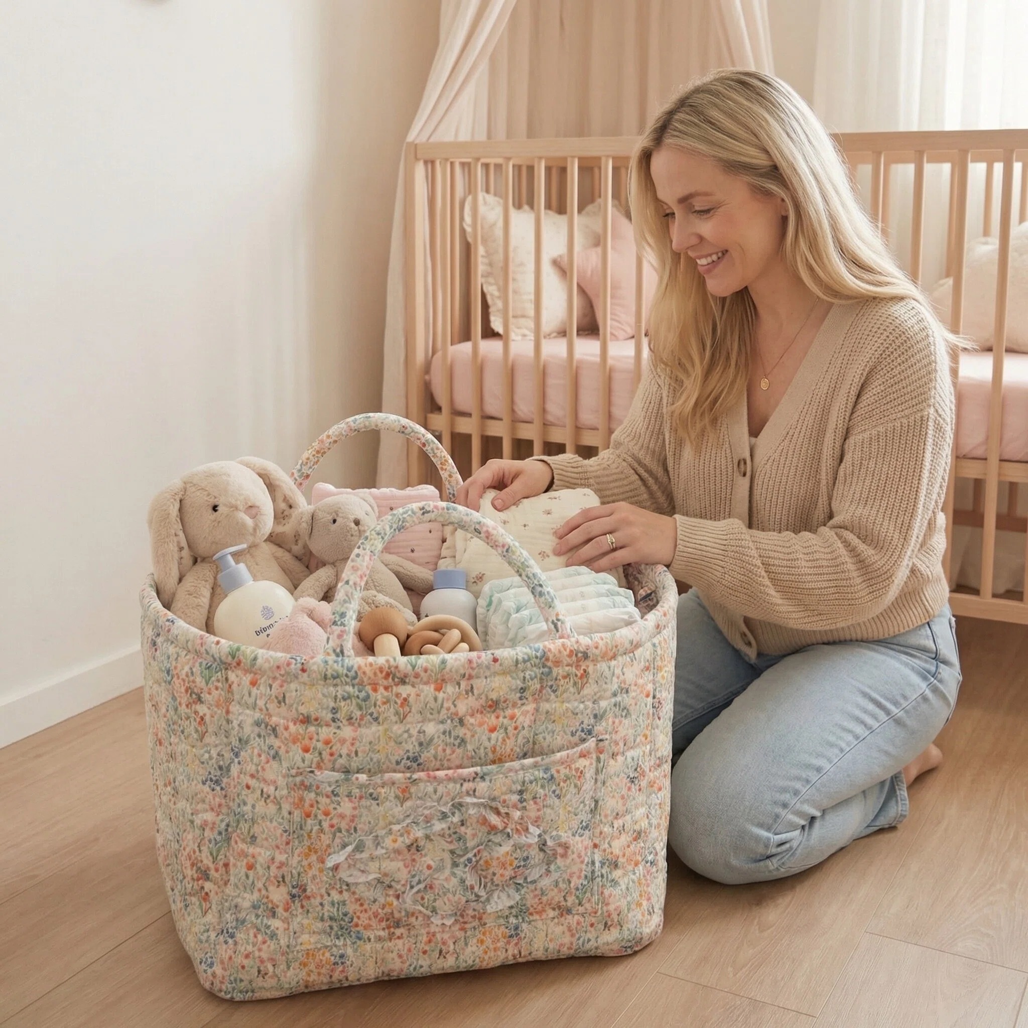Floral Quilted Cotton Storage Basket