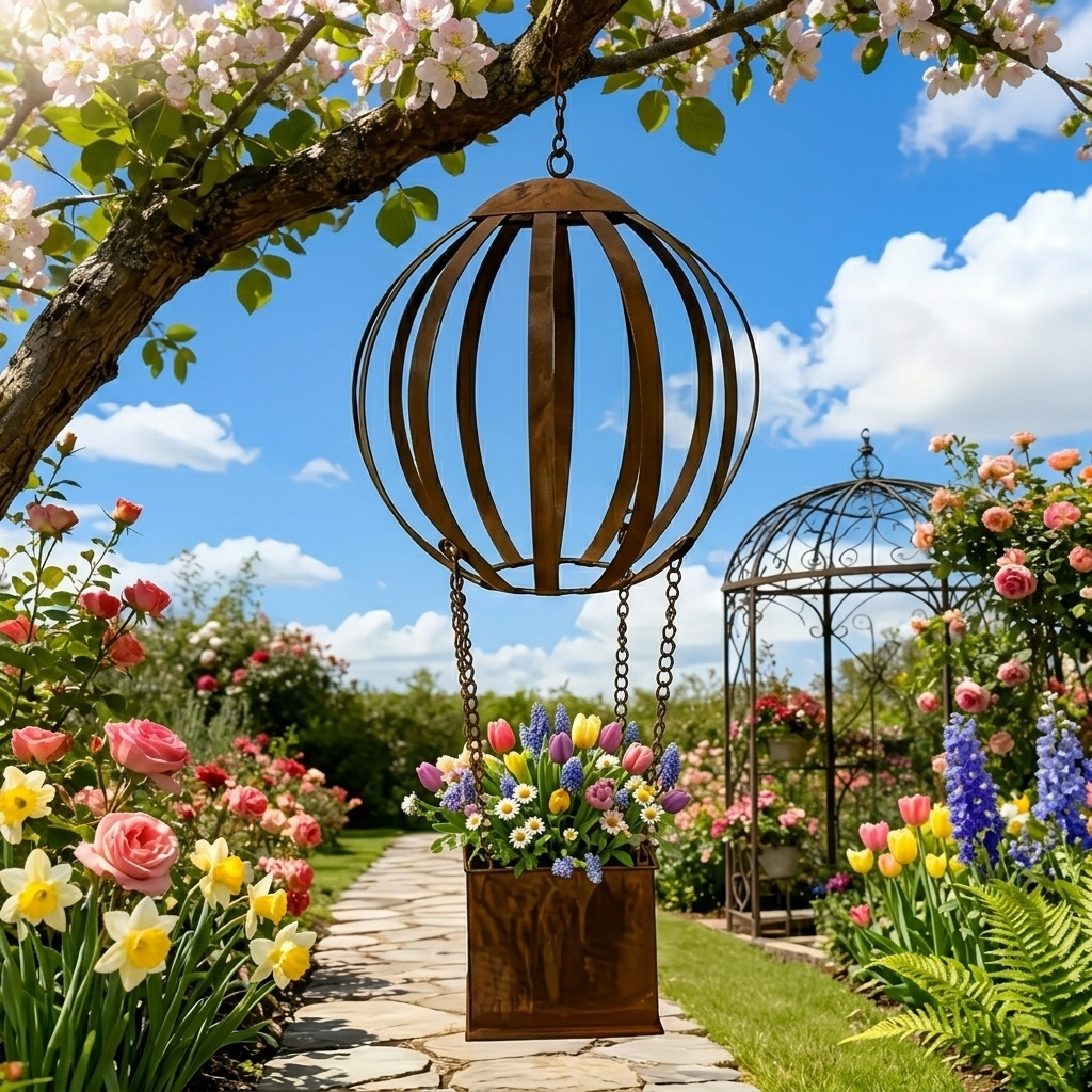 Vintage Rust-Colored Hot Air Balloon Hanging Flower