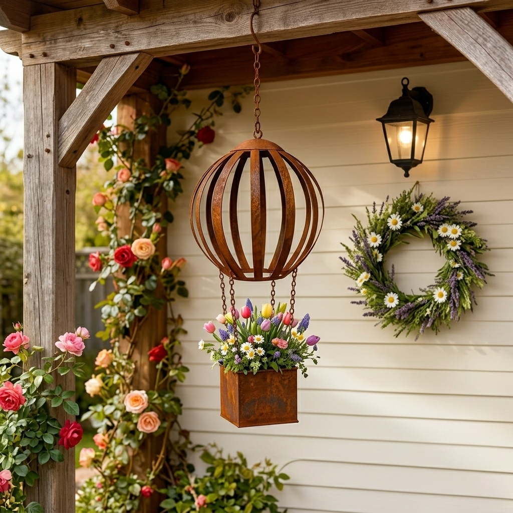Vintage Rust-Colored Hot Air Balloon Hanging Flower