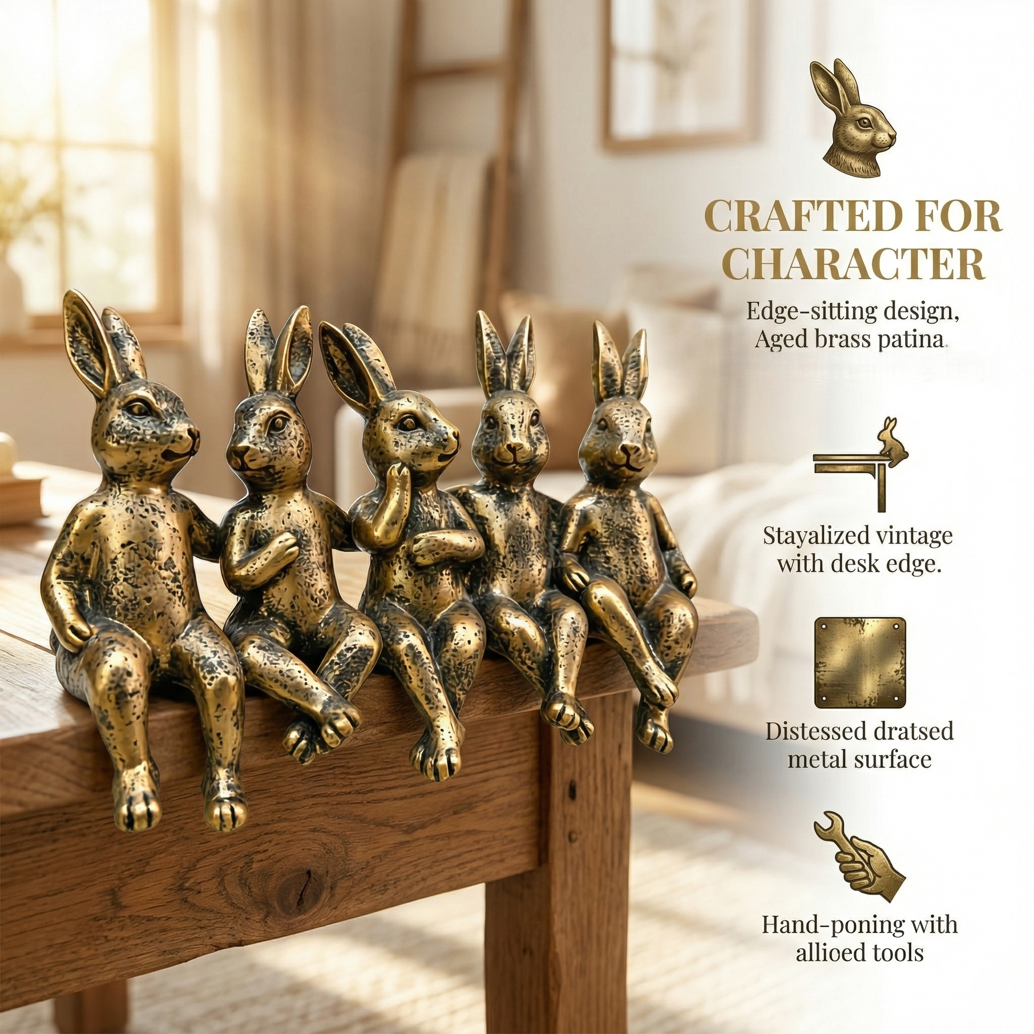 Vintage Golden Sitting Bunny Figurines – Set of 5 Easter Table Edge Decor