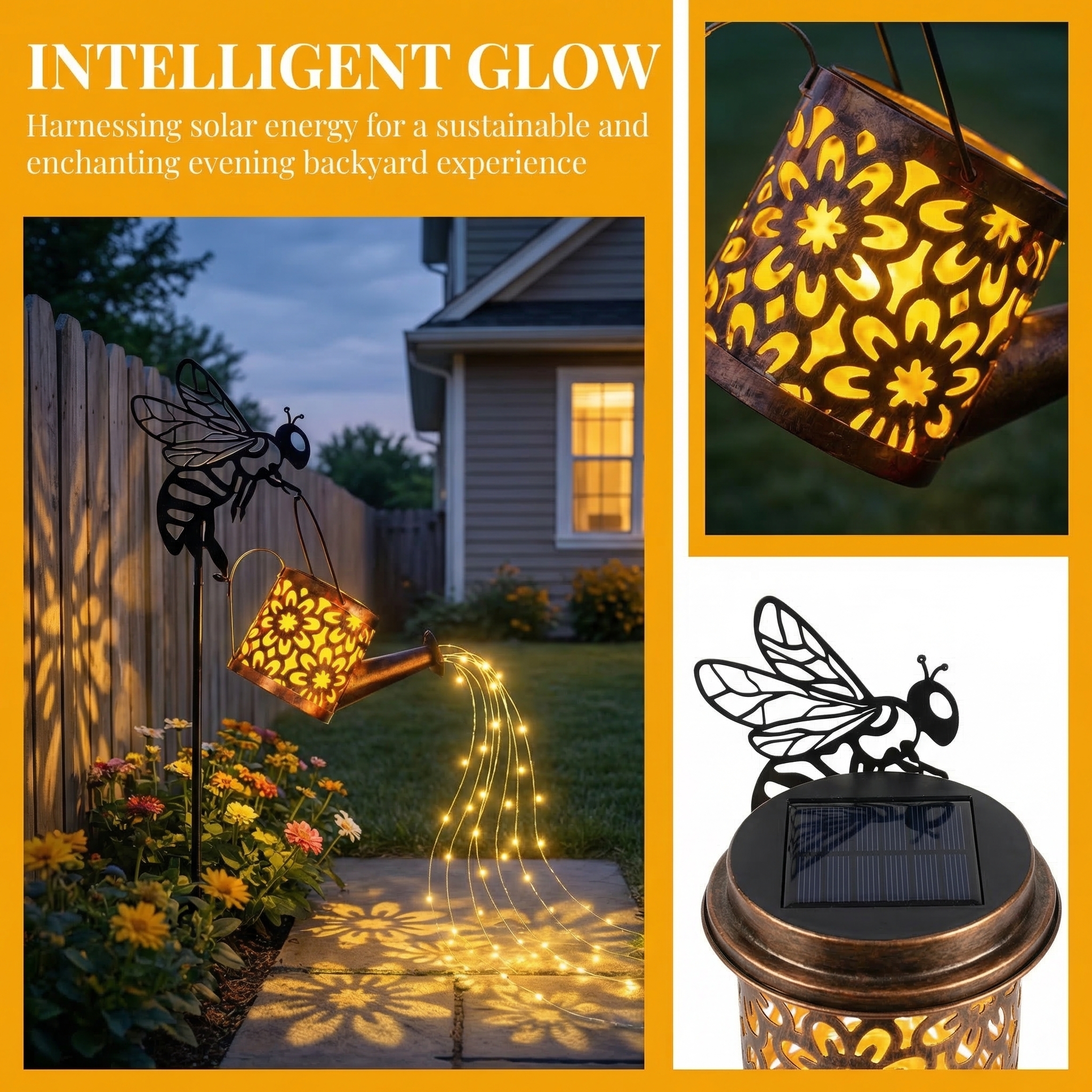 Bee Watering Can Solar Garden Light – Glowing Water Stream Decor