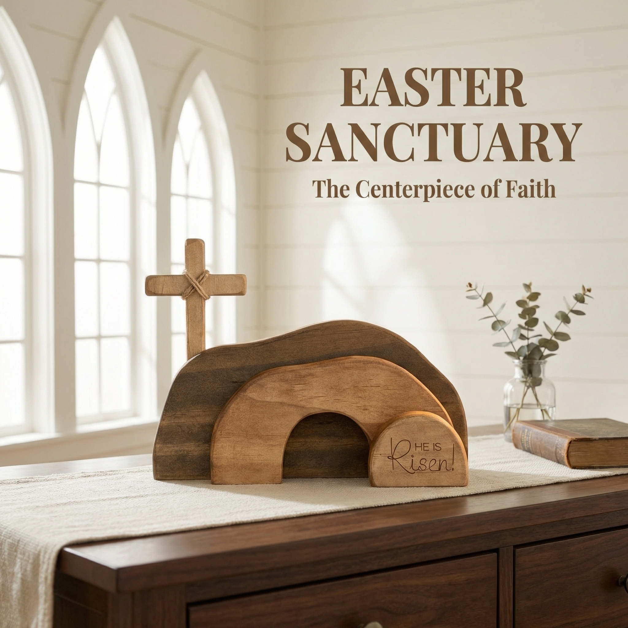He Is Risen Wooden Cross & Empty Tomb Display