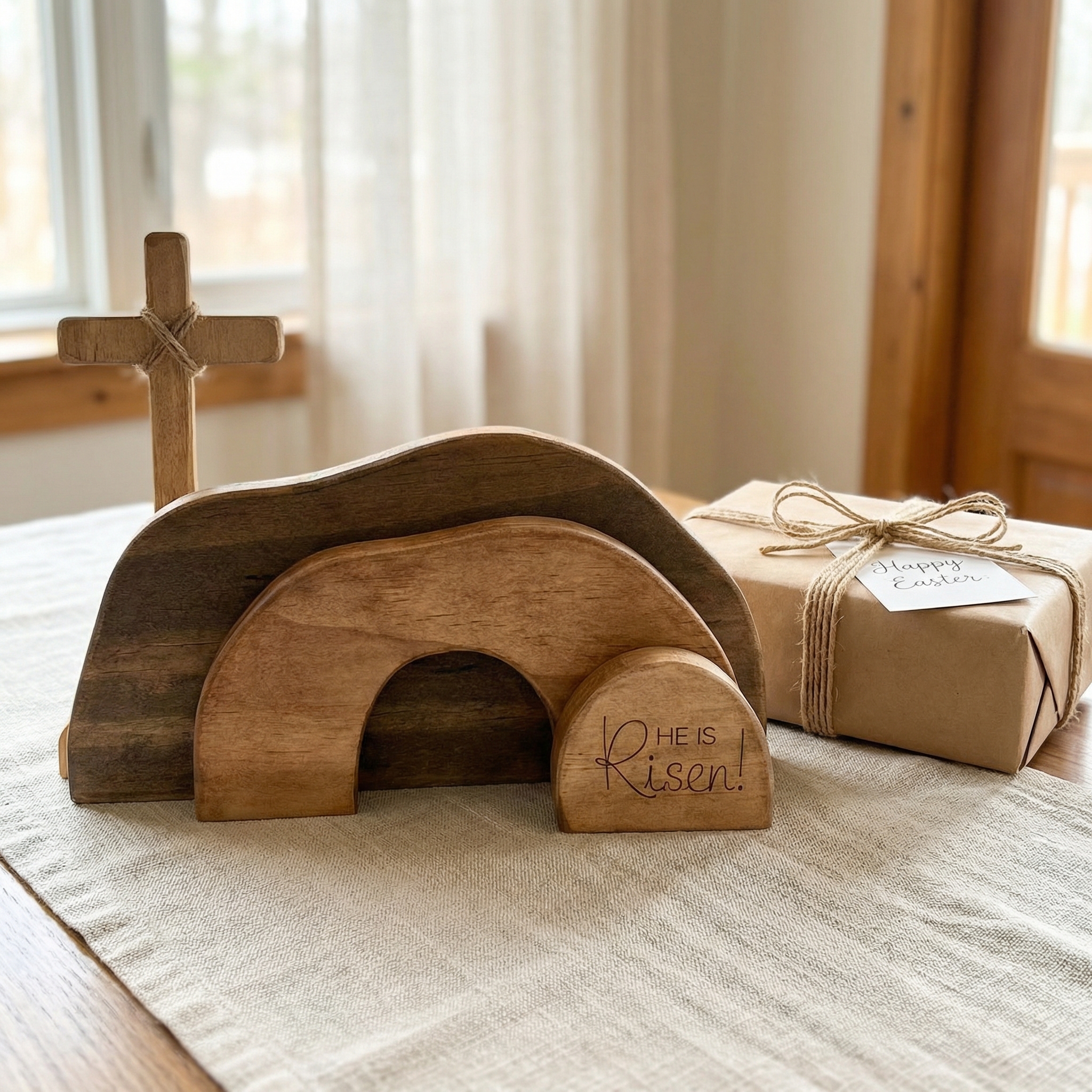 He Is Risen Wooden Cross & Empty Tomb Display