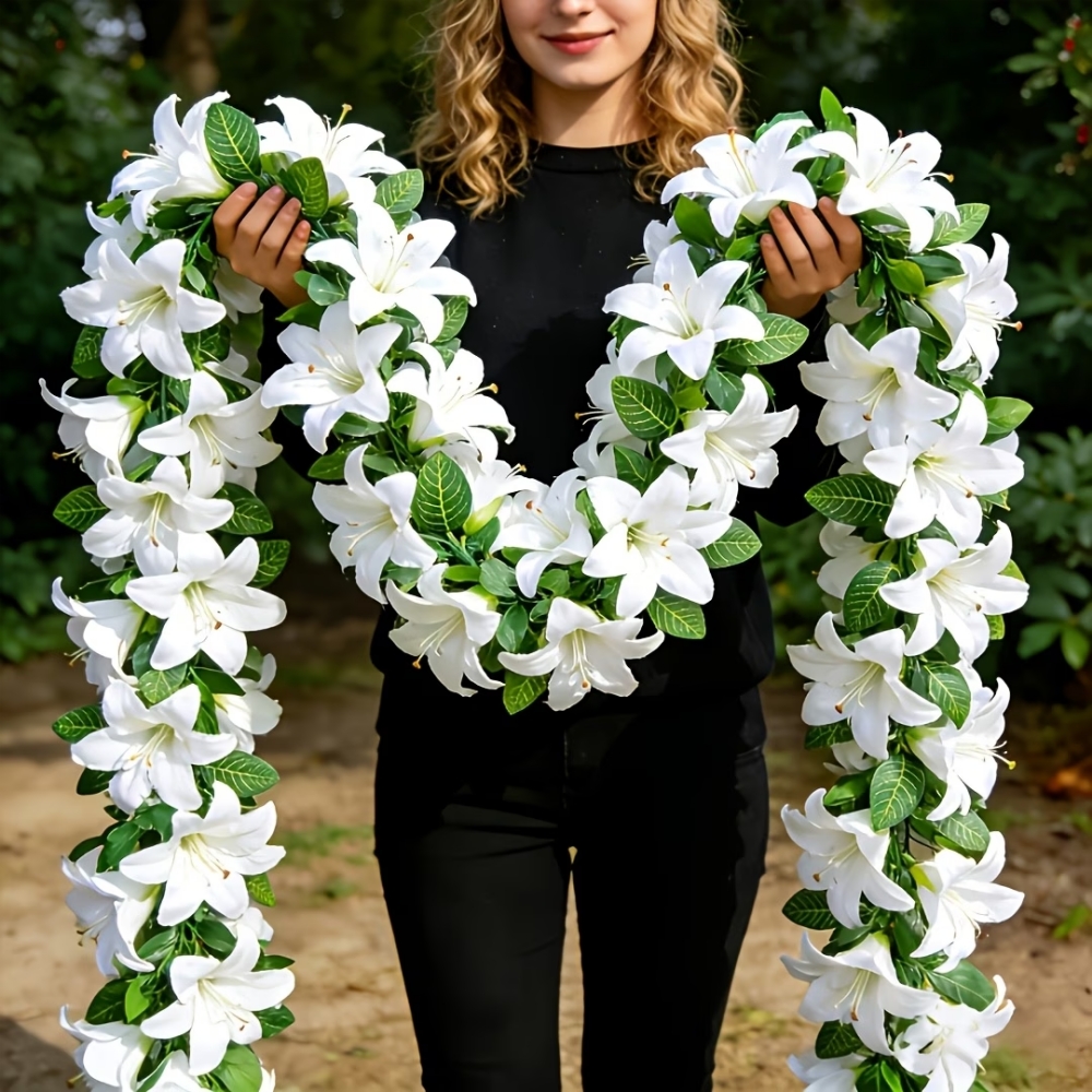 Full Bloom Artificial White Lily Garland with Lush Greenery