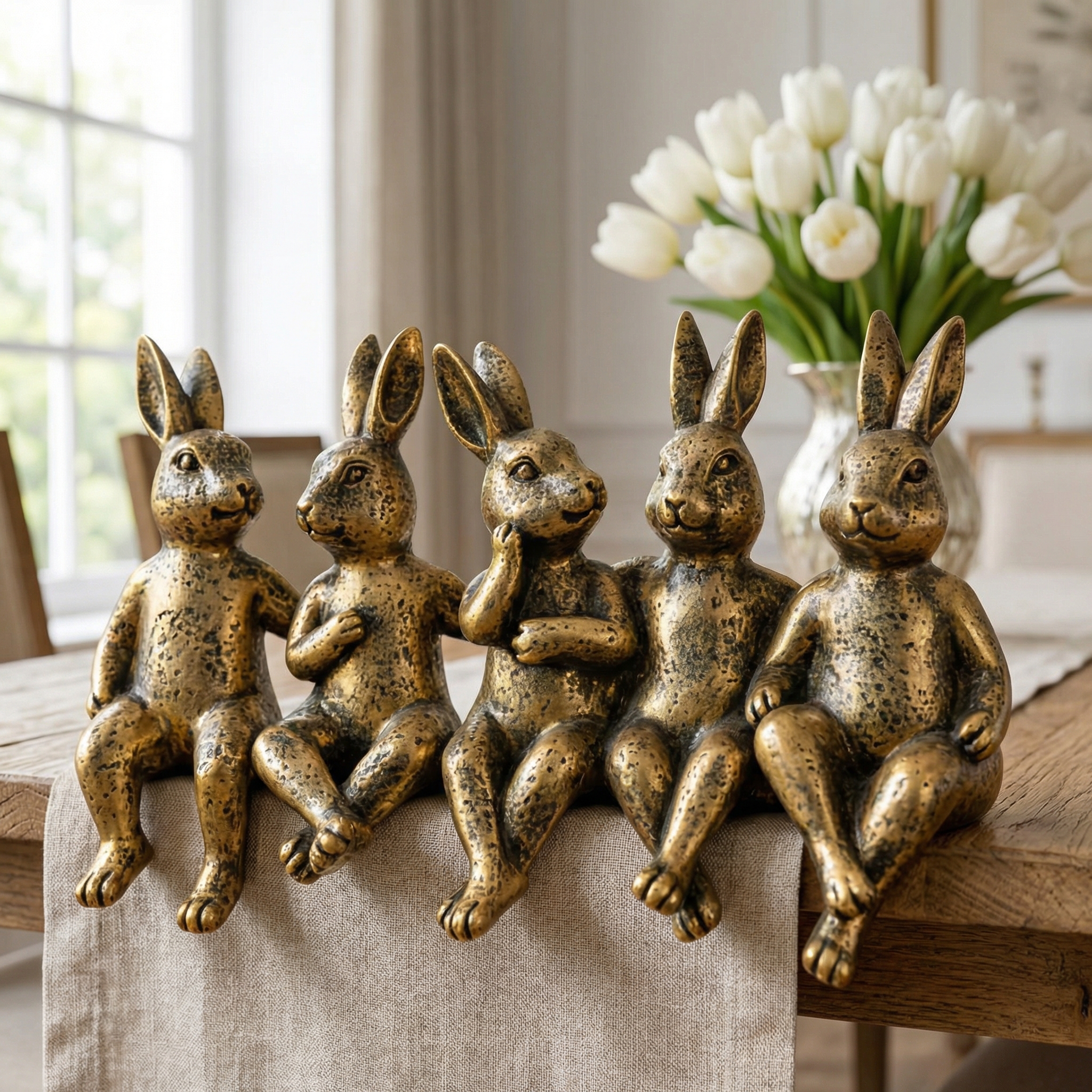 Vintage Golden Sitting Bunny Figurines – Set of 5 Easter Table Edge Decor