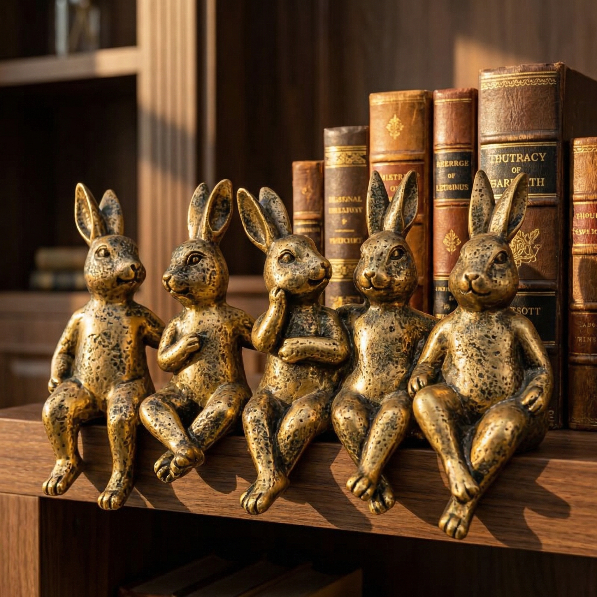 Vintage Golden Sitting Bunny Figurines – Set of 5 Easter Table Edge Decor