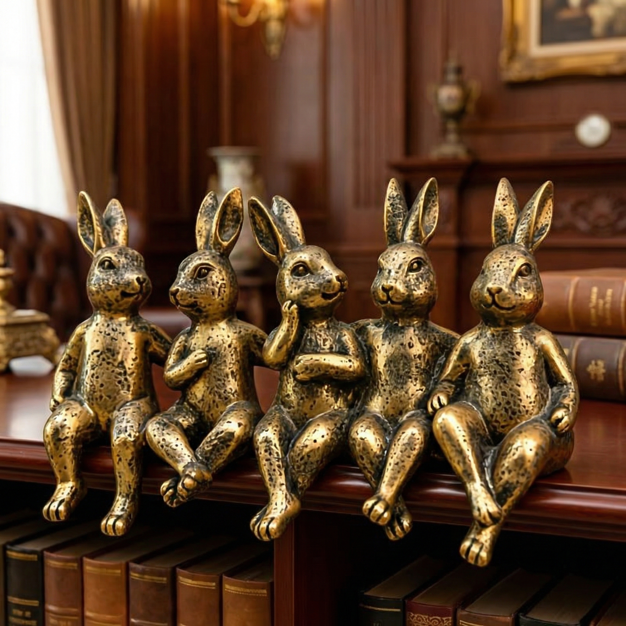 Vintage Golden Sitting Bunny Figurines – Set of 5 Easter Table Edge Decor