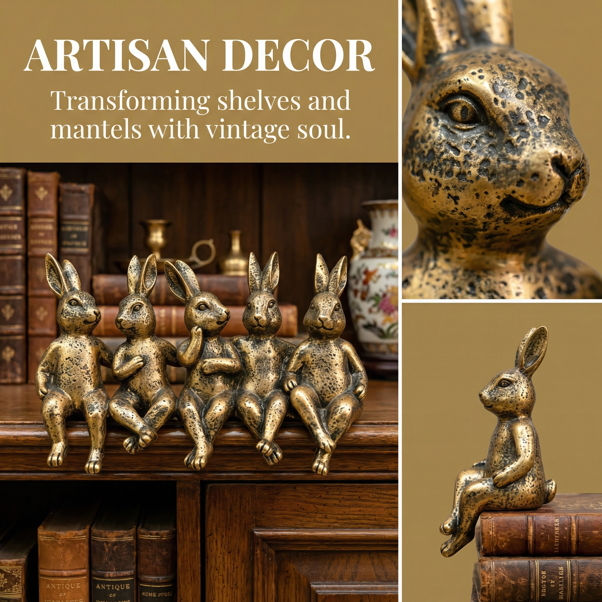 Vintage Golden Sitting Bunny Figurines – Set of 5 Easter Table Edge Decor