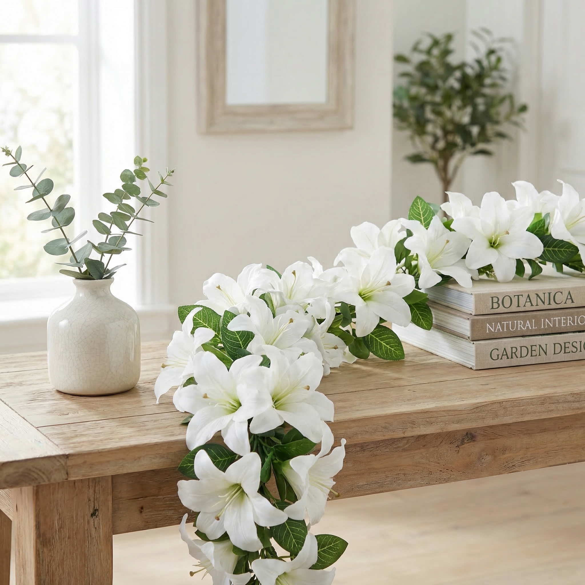 Full Bloom Artificial White Lily Garland with Lush Greenery