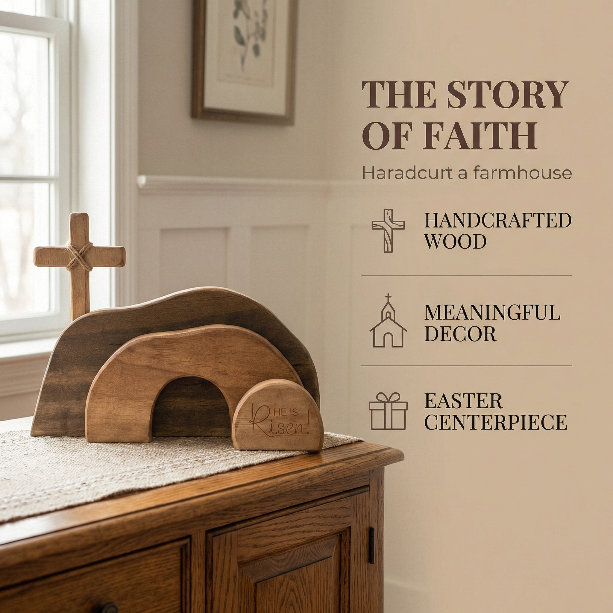 He Is Risen Wooden Cross & Empty Tomb Display