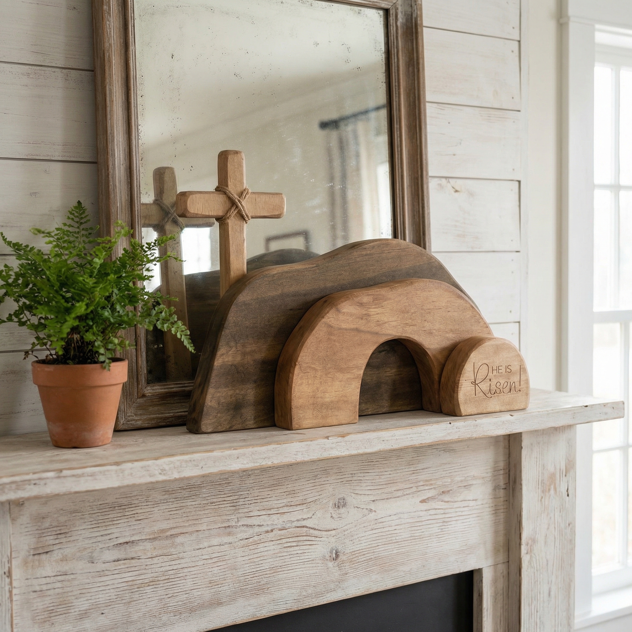 He Is Risen Wooden Cross & Empty Tomb Display