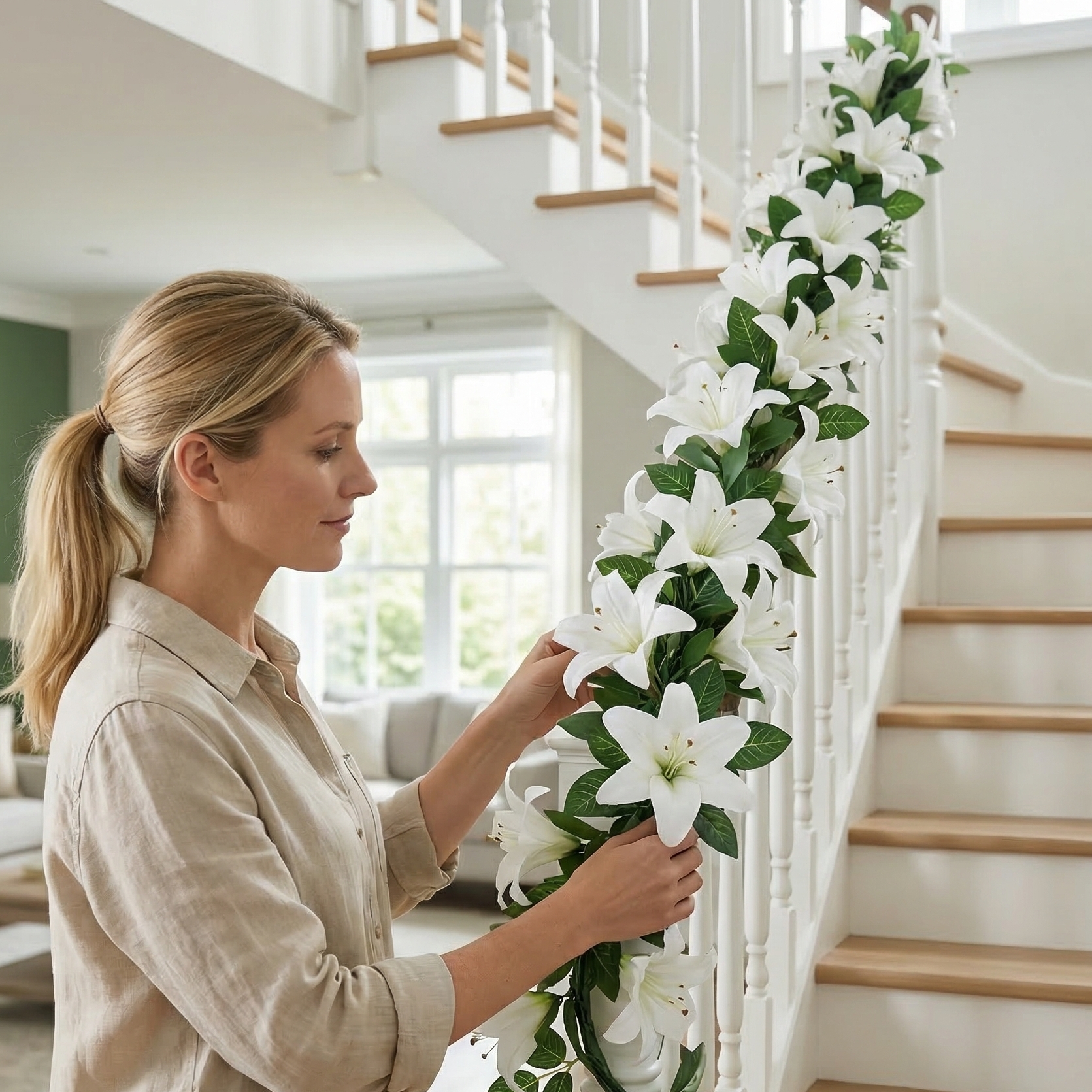 Full Bloom Artificial White Lily Garland with Lush Greenery