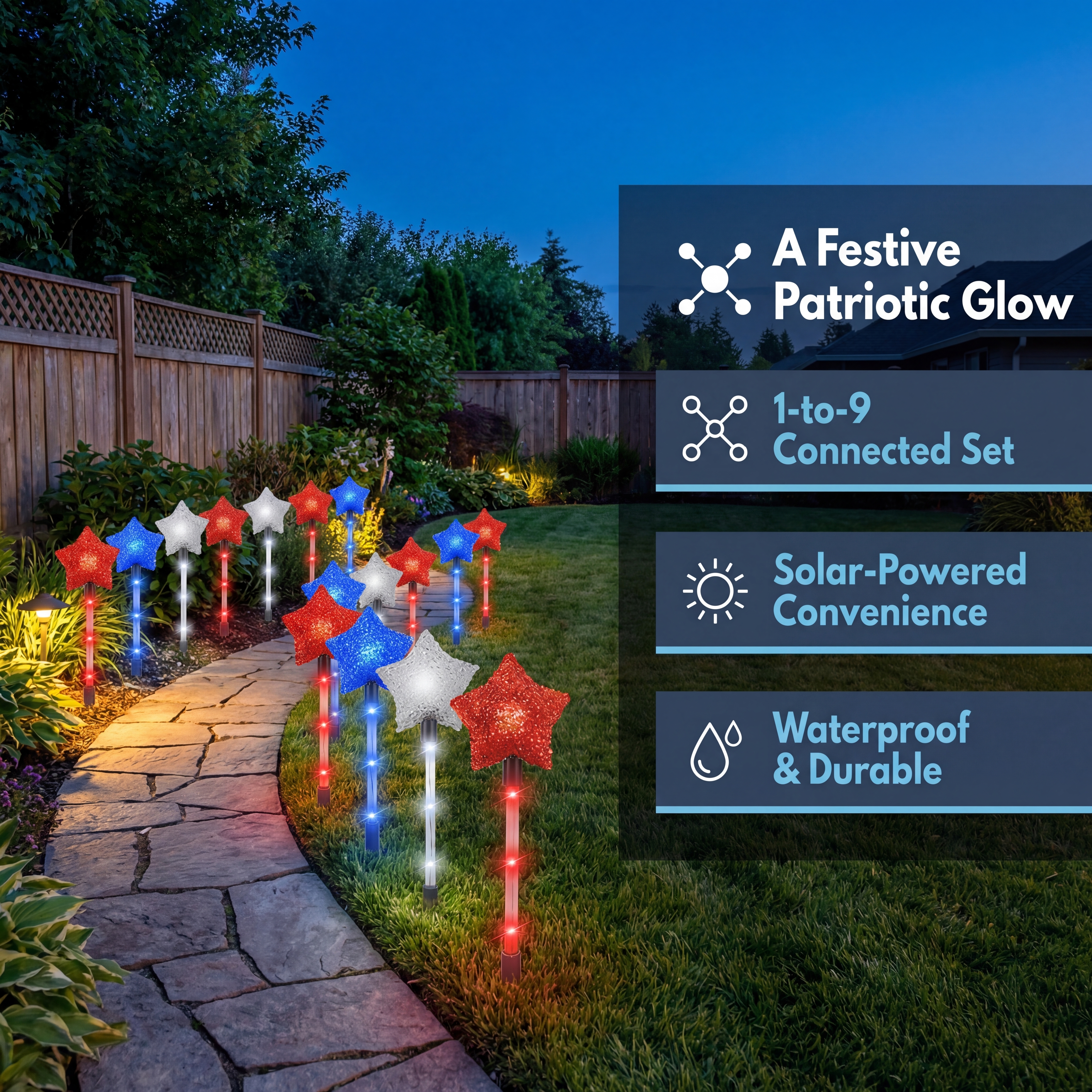 Solar Patriotic Star Stake Lights for Yard & Garden, Set of 9