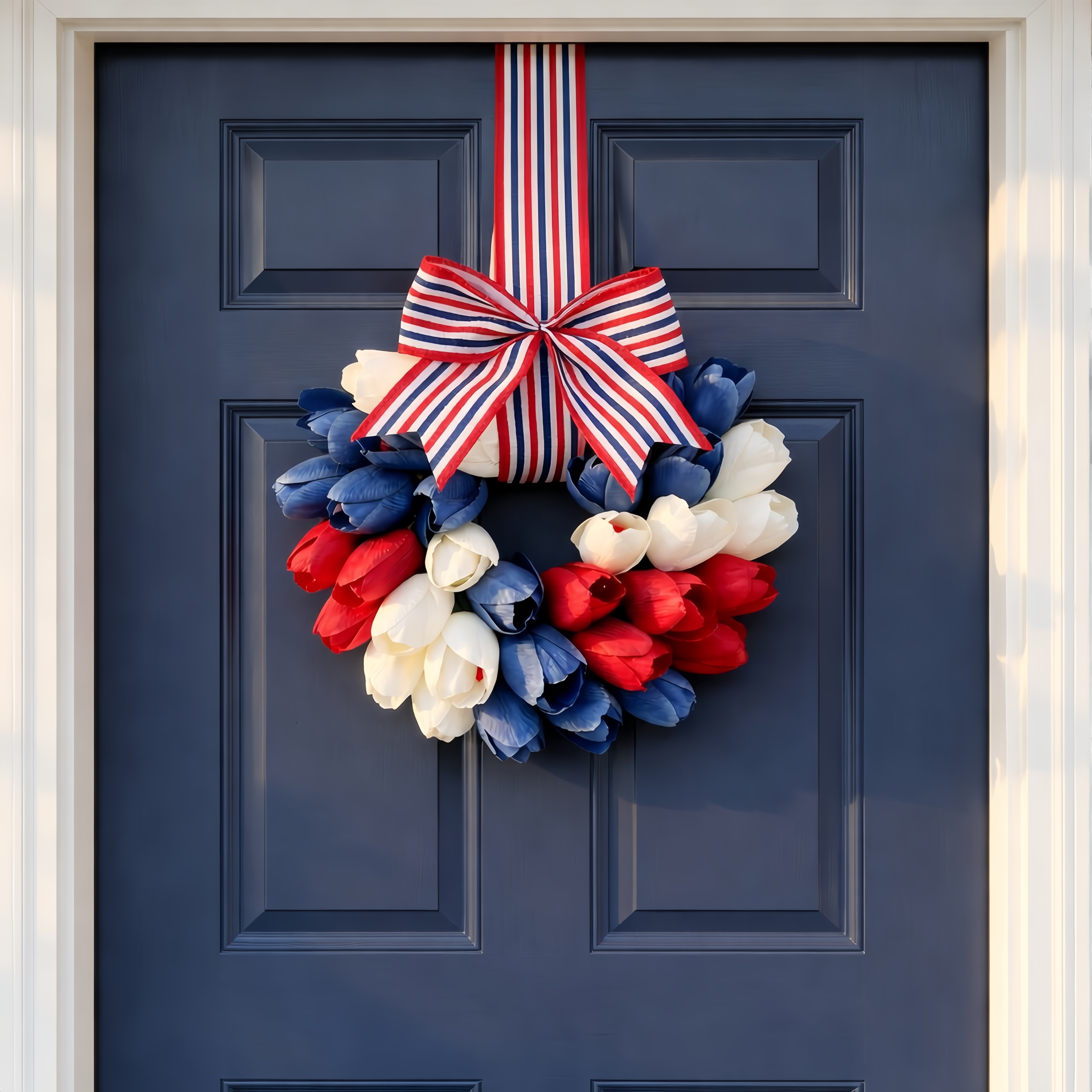 Patriotic Tulip Wreath with Striped Bow