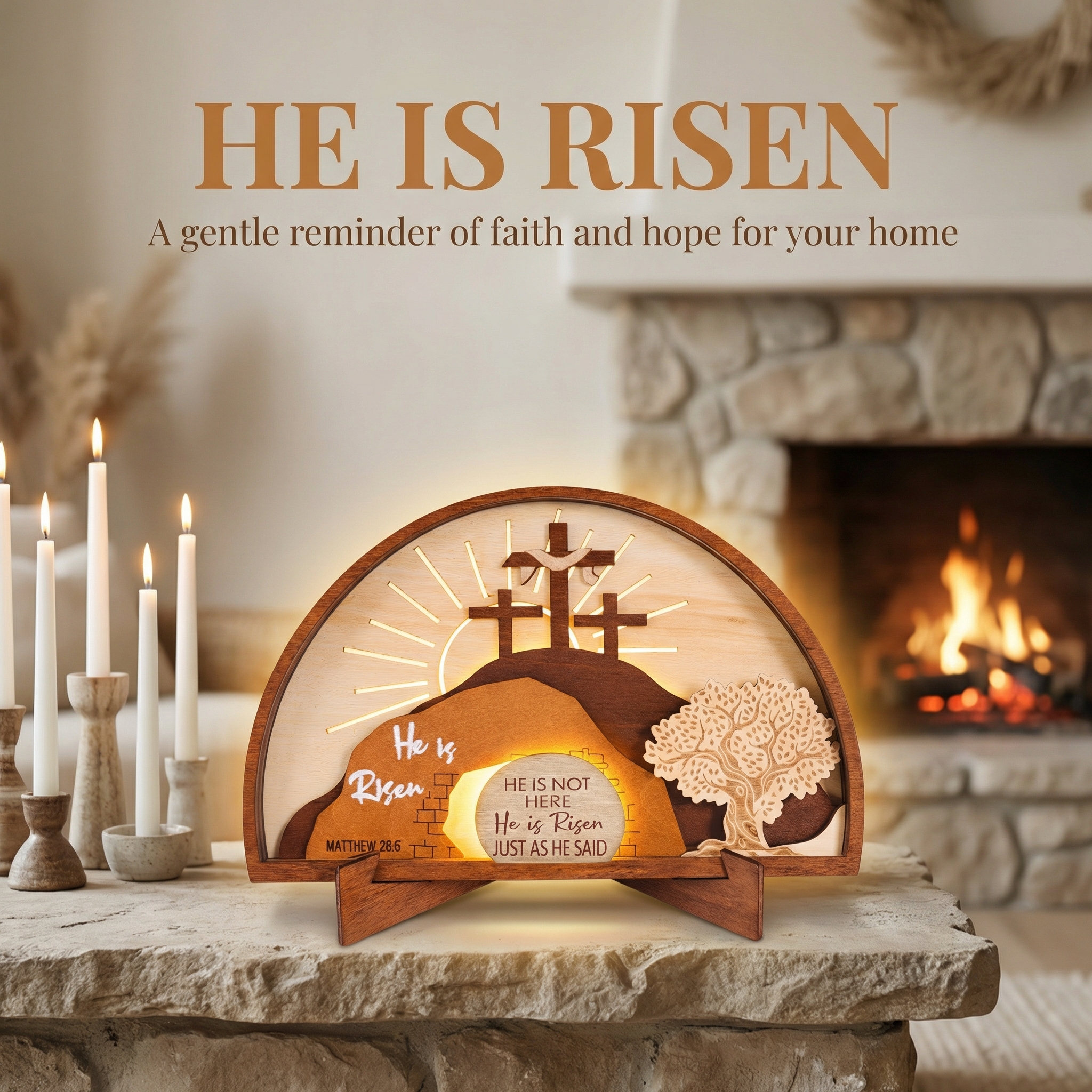 He Is Risen Wooden Resurrection Lamp