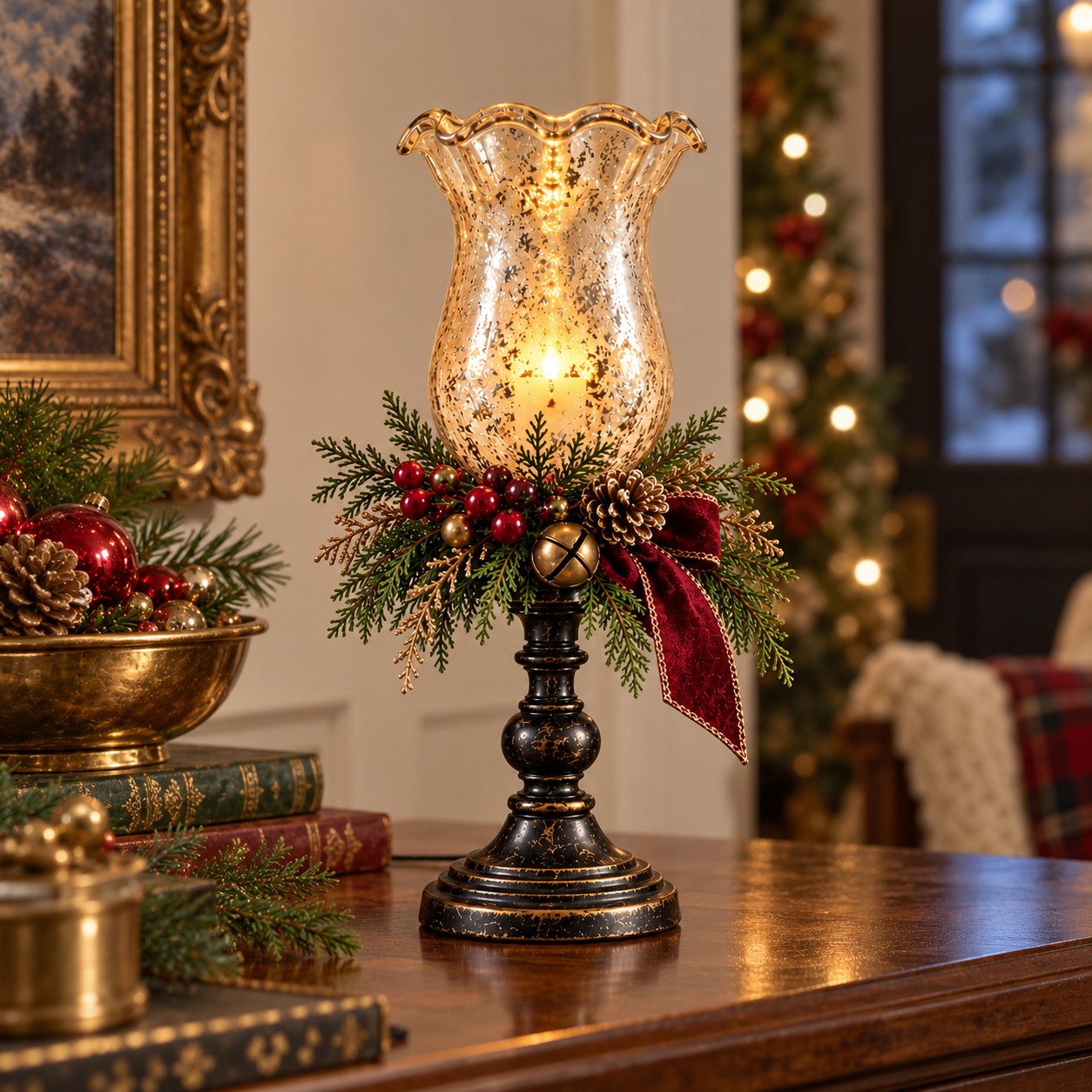 Vintage mercury glass Christmas candle lamp close view