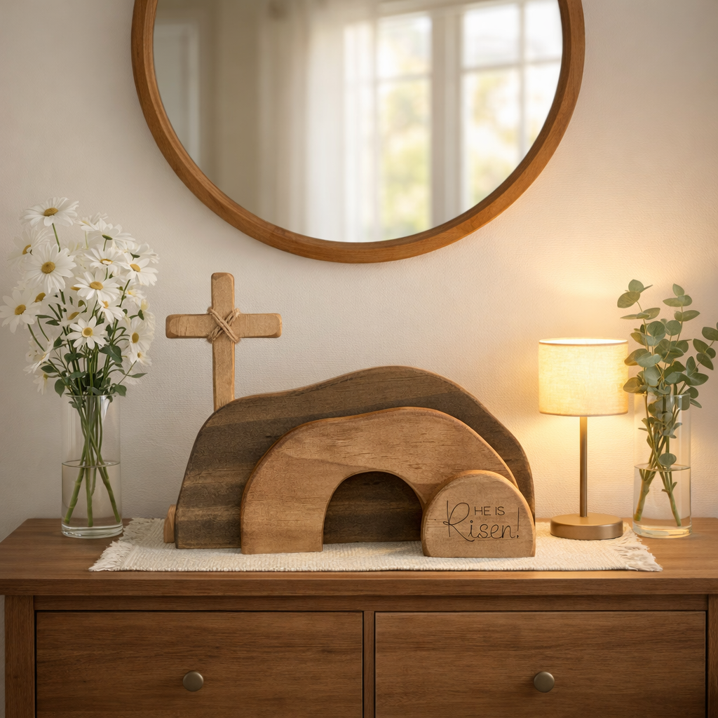 He Is Risen Wooden Cross & Empty Tomb Display