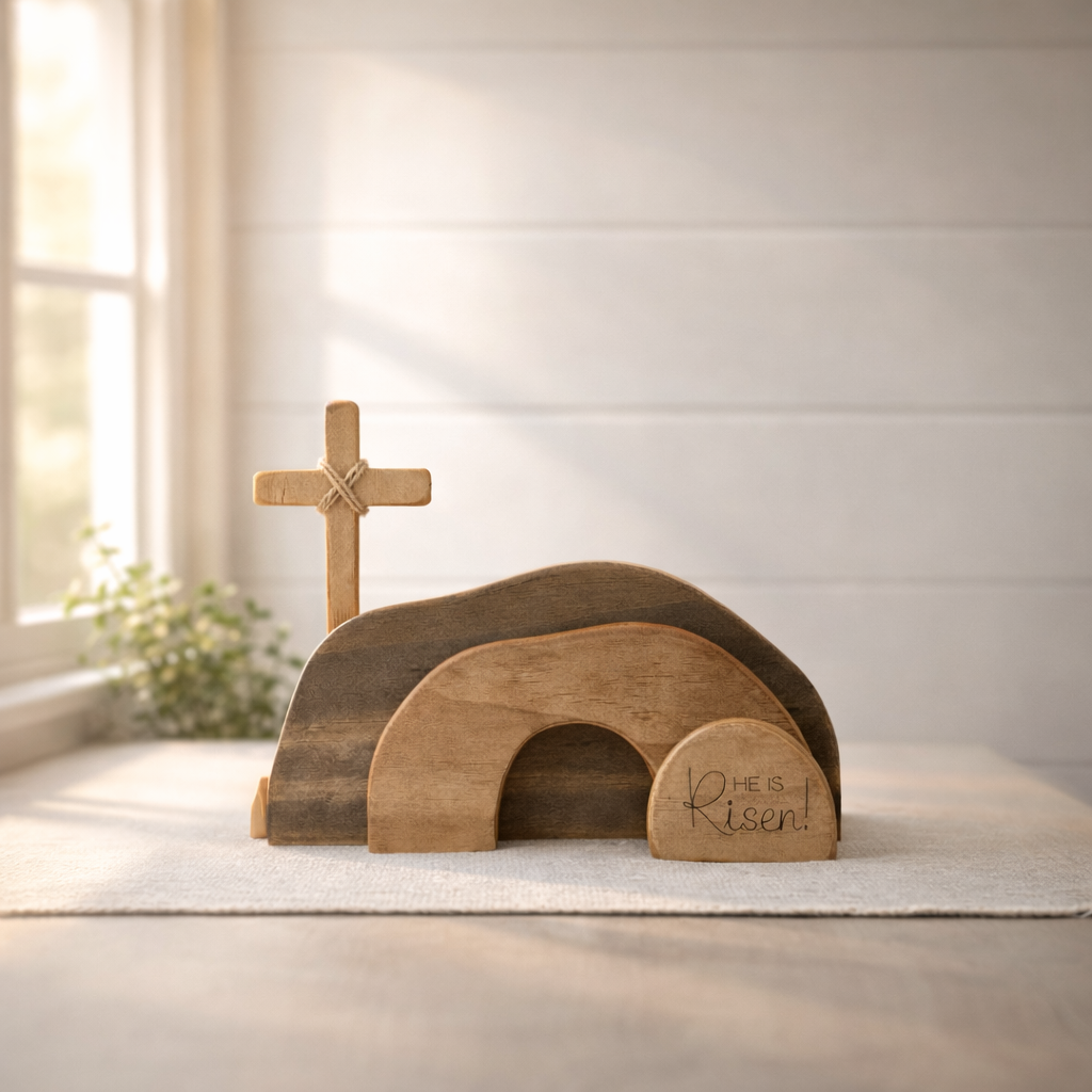 He Is Risen Wooden Cross & Empty Tomb Display