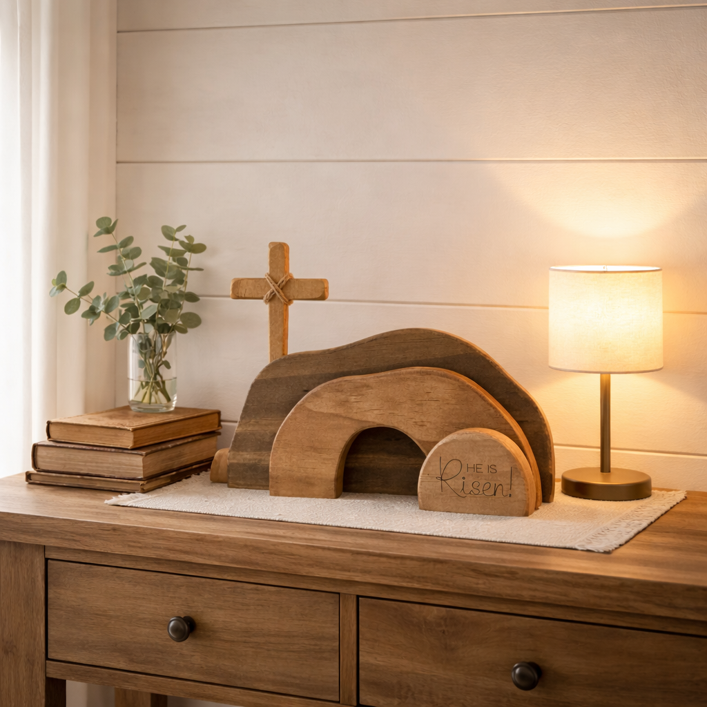 He Is Risen Wooden Cross & Empty Tomb Display