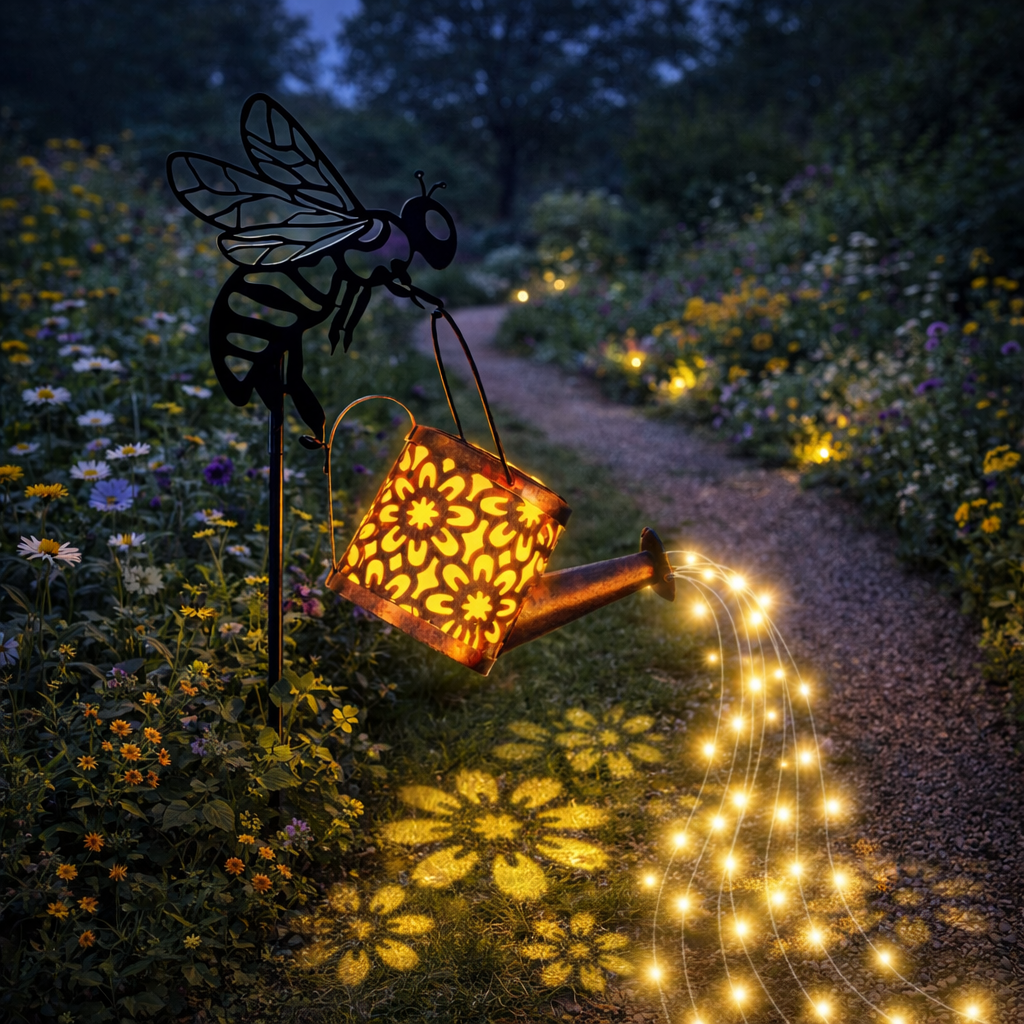 Bee Watering Can Solar Garden Light – Glowing Water Stream Decor