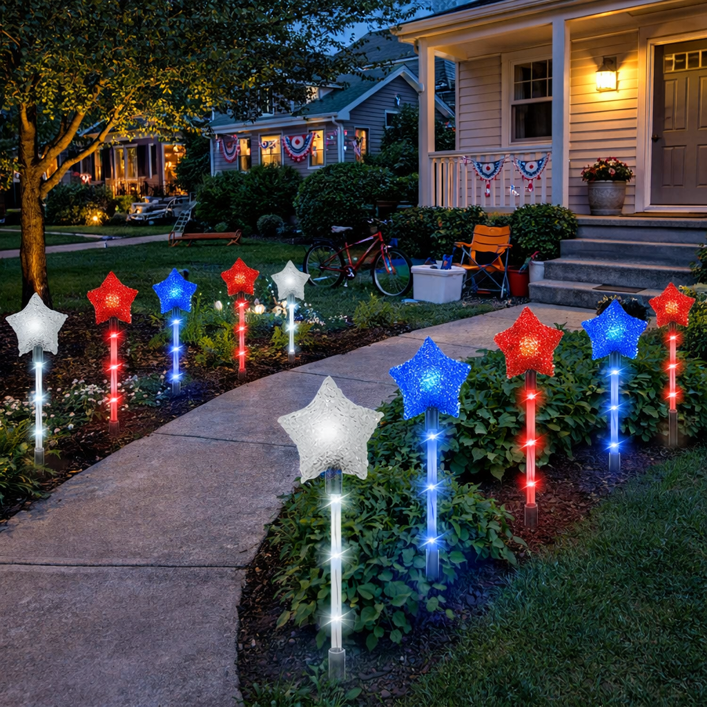 Solar Patriotic Star Stake Lights for Yard & Garden, Set of 9