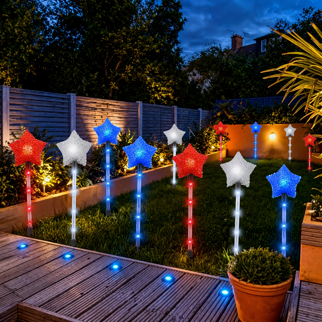 Solar Patriotic Star Stake Lights for Yard & Garden, Set of 9
