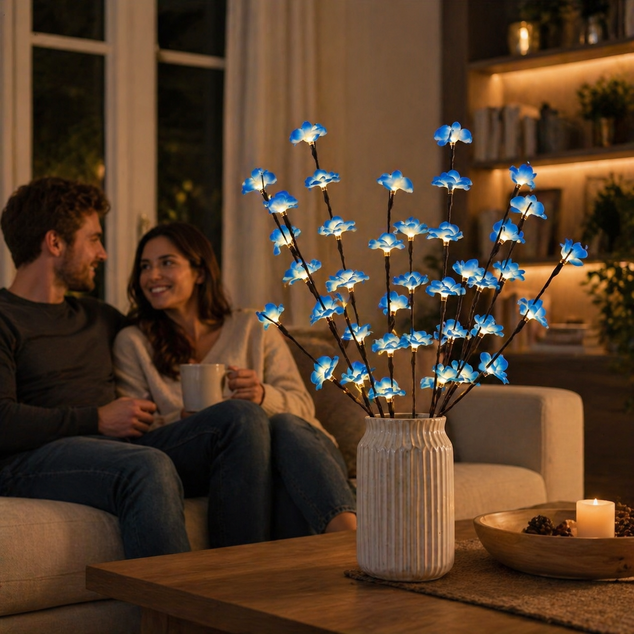 LED Artificial Flower Blue Plum Blossom Branch Light - Battery Box Powered (Batteries Not Included)