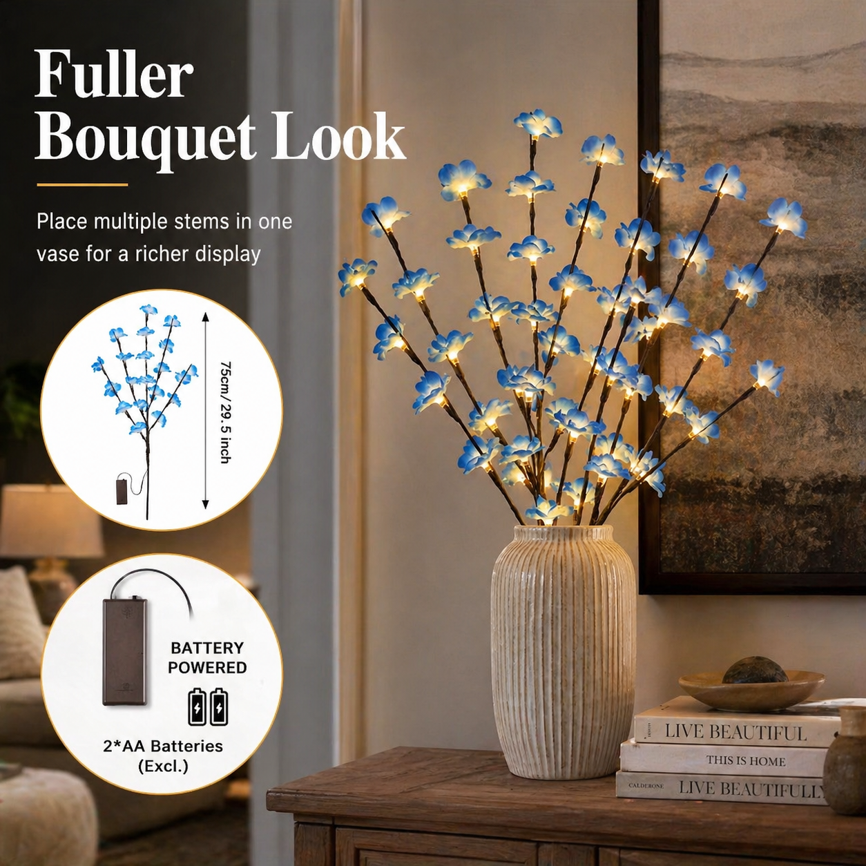 LED Artificial Flower Blue Plum Blossom Branch Light - Battery Box Powered (Batteries Not Included)