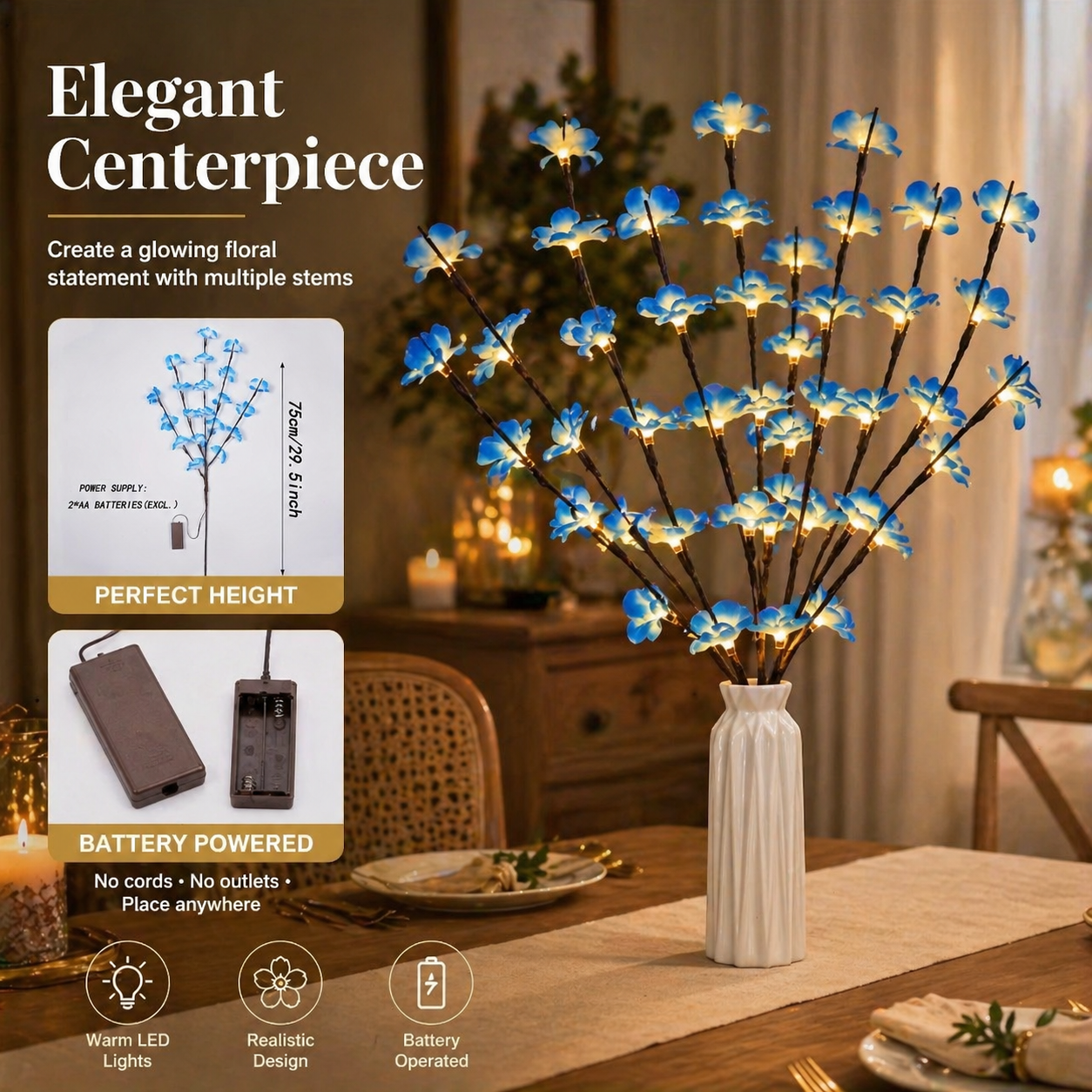 LED Artificial Flower Blue Plum Blossom Branch Light - Battery Box Powered (Batteries Not Included)