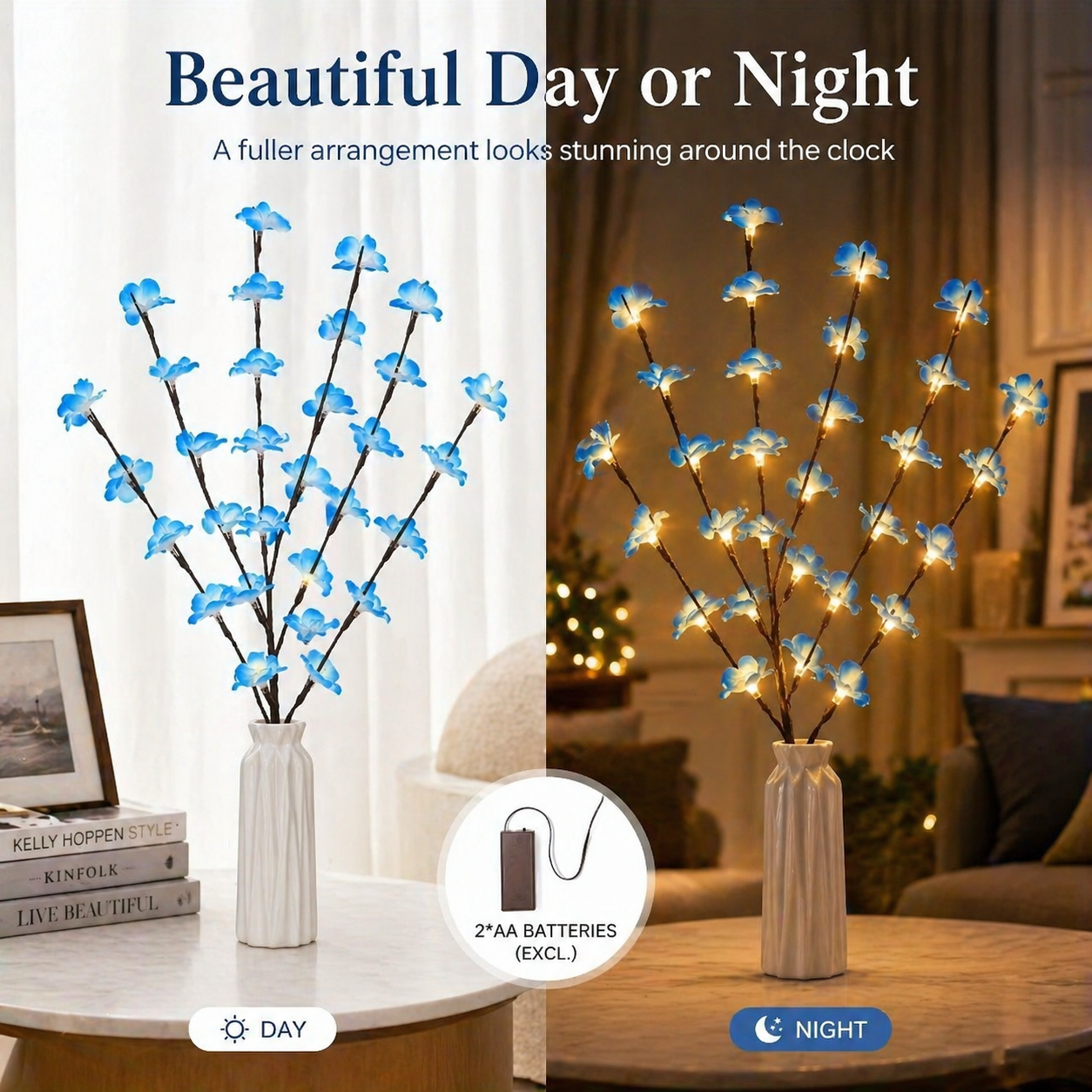LED Artificial Flower Blue Plum Blossom Branch Light - Battery Box Powered (Batteries Not Included)