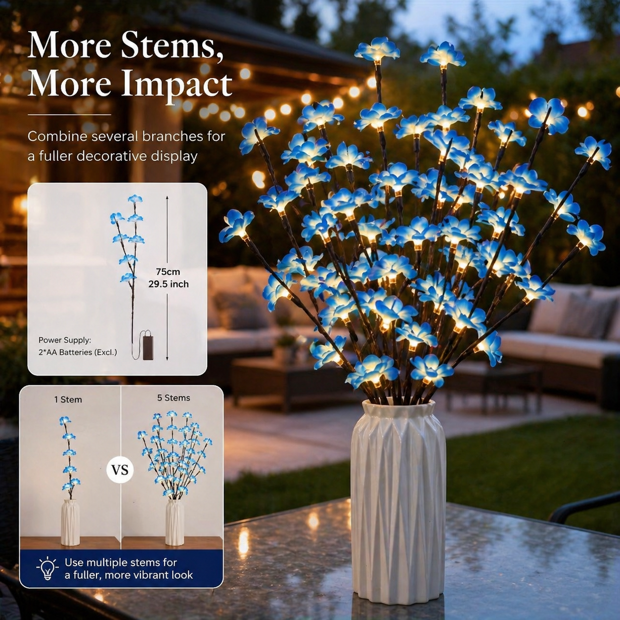 LED Artificial Flower Blue Plum Blossom Branch Light - Battery Box Powered (Batteries Not Included)