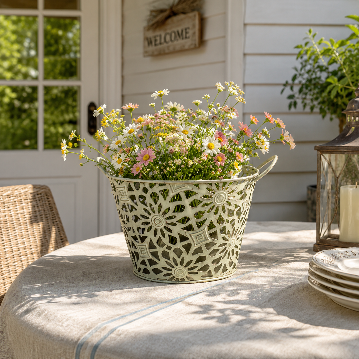 Vintage Distressed Metal Basket with Floral Cutout – Premium Home Decor