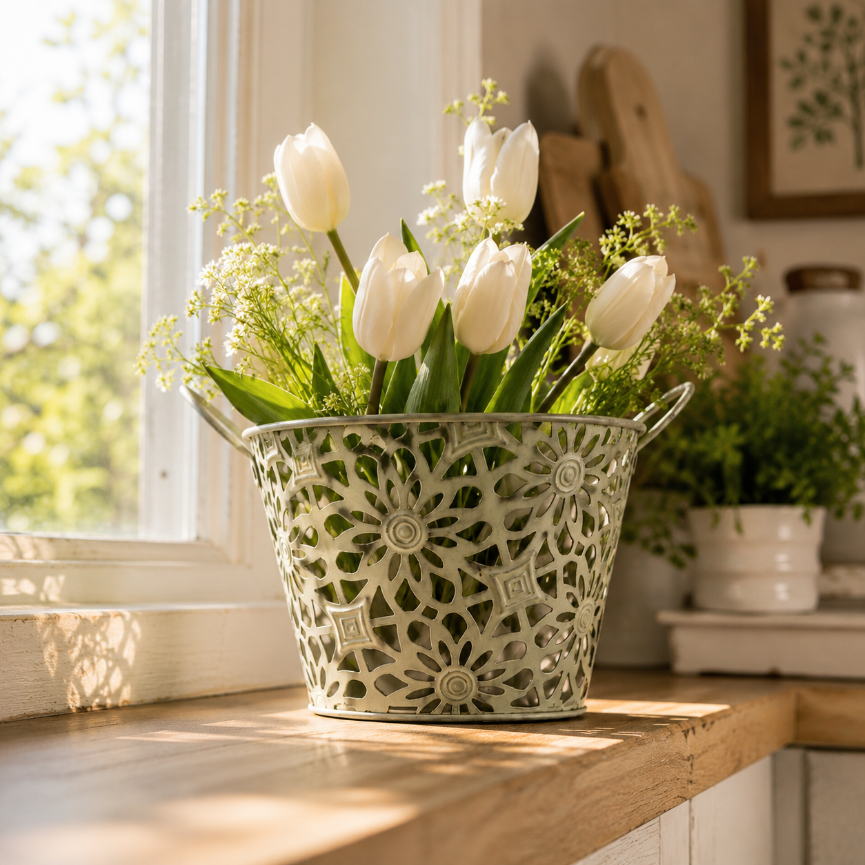 Vintage Distressed Metal Basket with Floral Cutout – Premium Home Decor