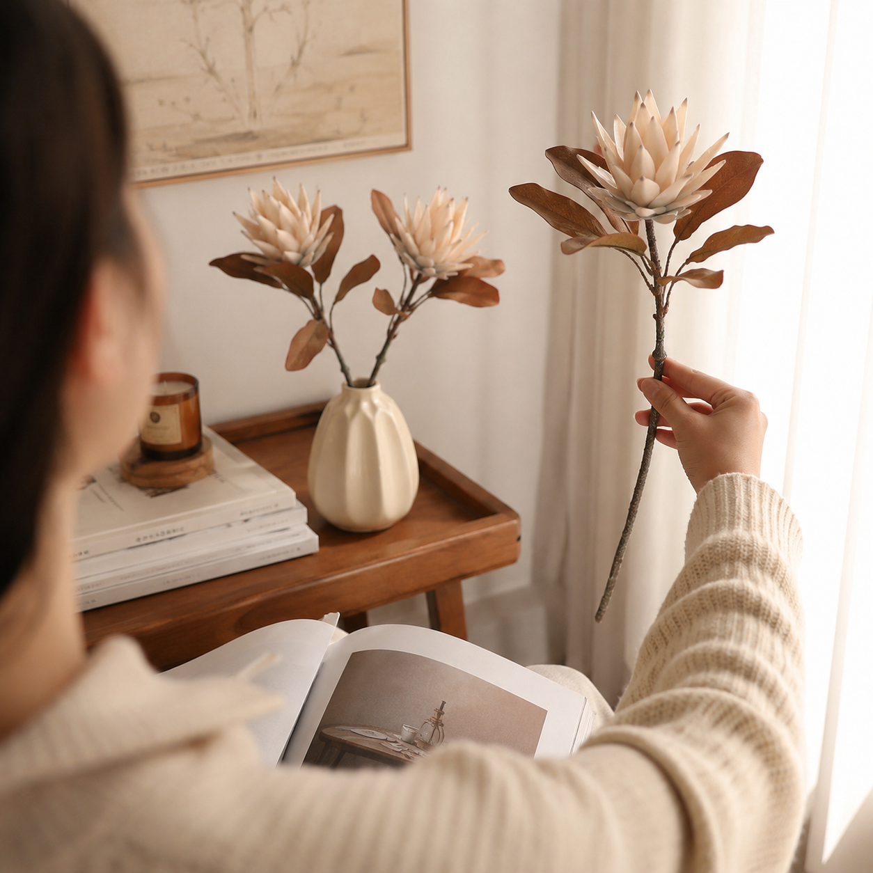 Vintage Cream Protea Stem with Rustic Brown Foliage