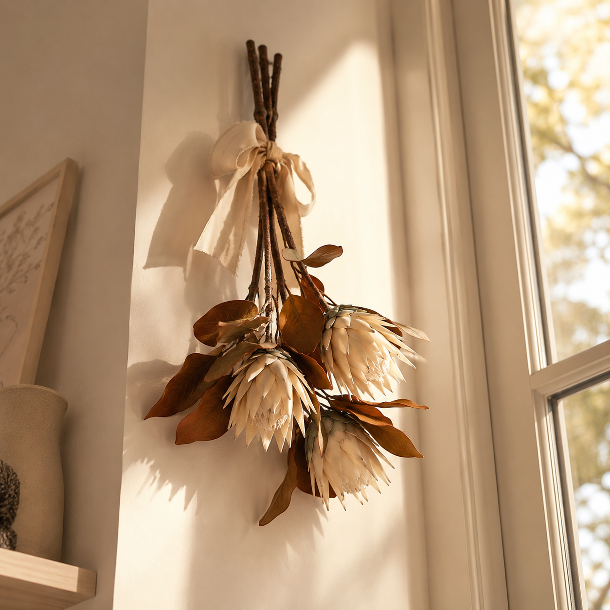 Vintage Cream Protea Stem with Rustic Brown Foliage