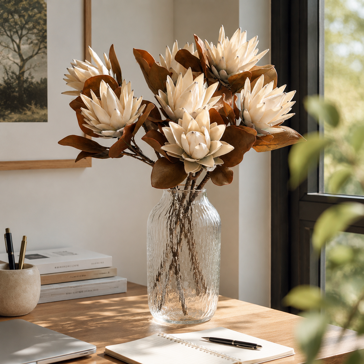 Vintage Cream Protea Stem with Rustic Brown Foliage
