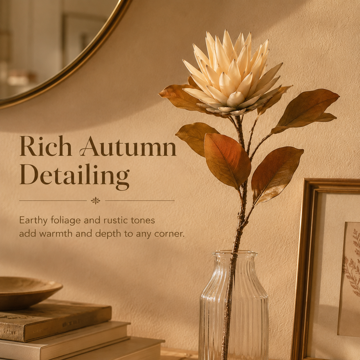 Vintage Cream Protea Stem with Rustic Brown Foliage