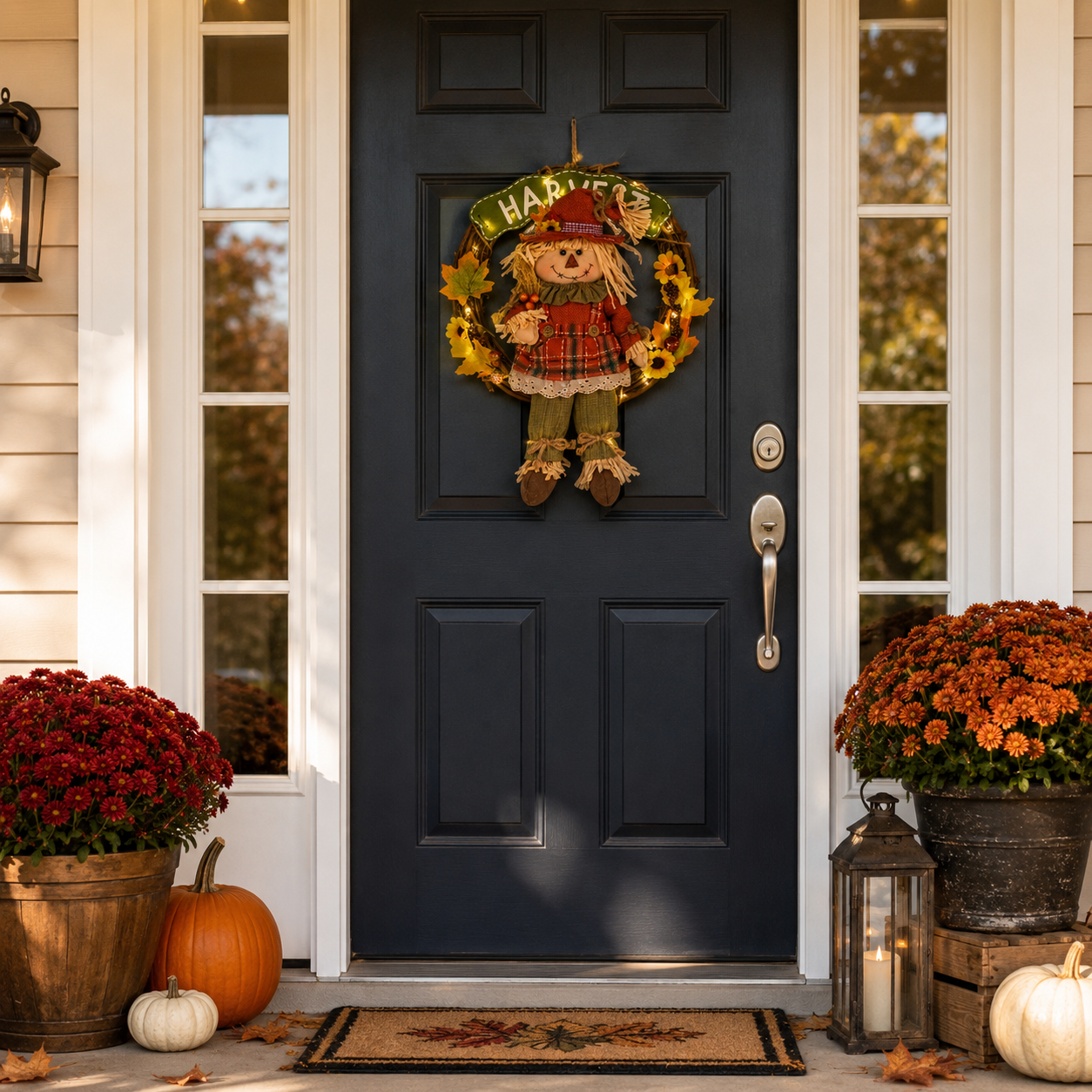 Lighted Fall Scarecrow Wreath with Remote & Timer – Harvest Front Door Decor