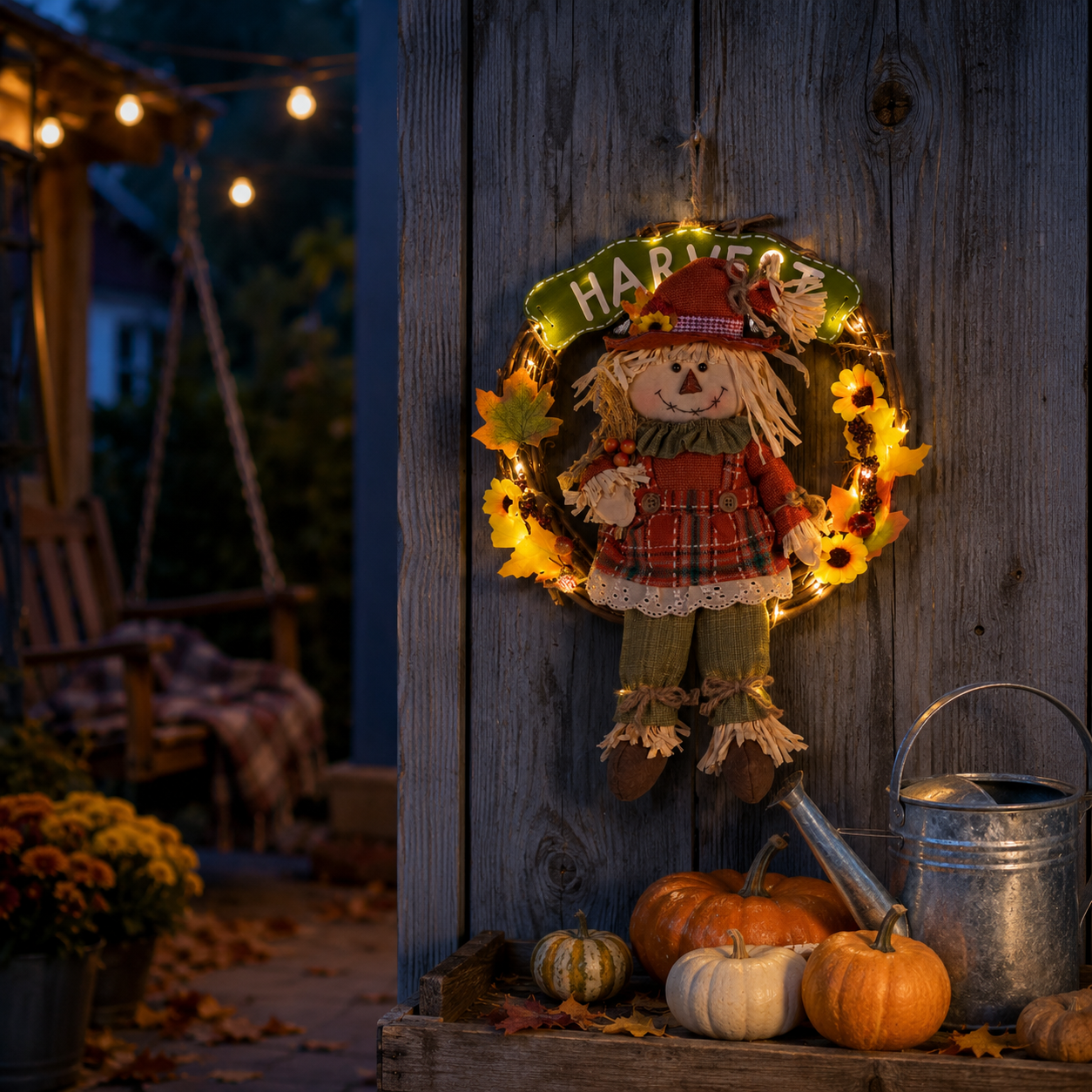 Lighted Fall Scarecrow Wreath with Remote & Timer – Harvest Front Door Decor
