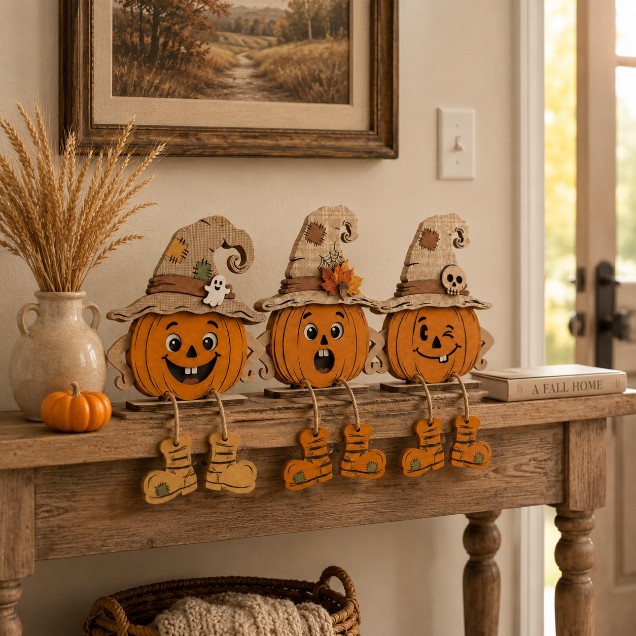 Whimsical Wooden Pumpkin Witch Decor Set – Fall Tabletop Accents